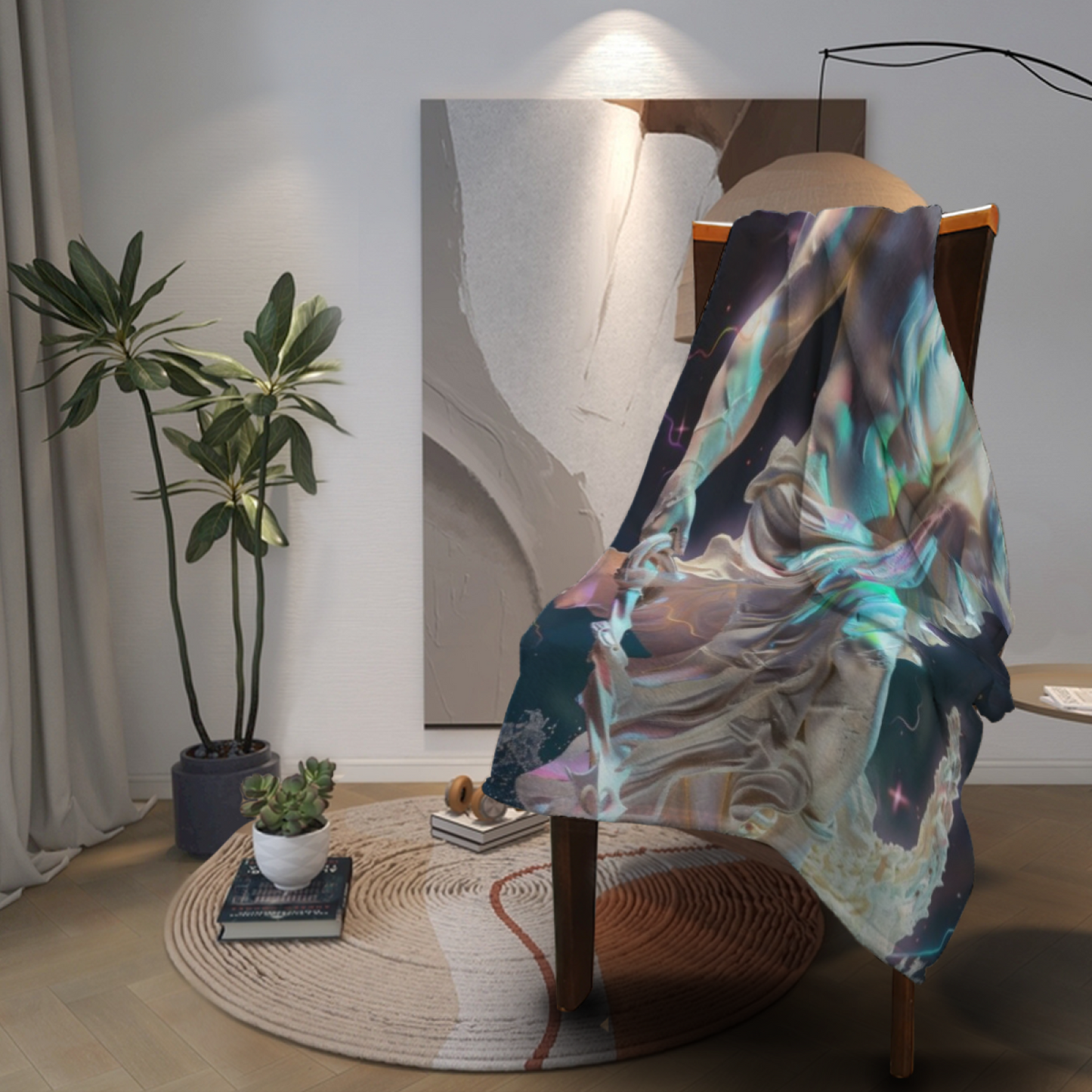 Futuristic Marble Warrior Flannel Throw Blanket ¨C Neon Fantasy Digital Art