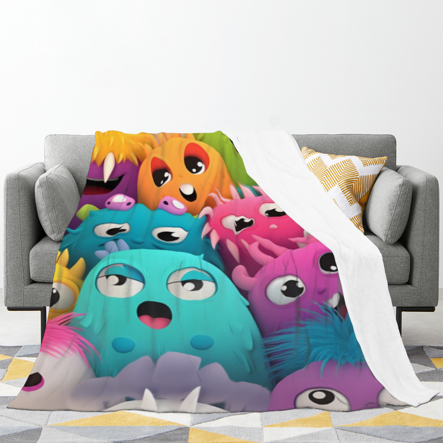 Cute Colorful Monster Flannel Throw Blanket ¨C Playful Cartoon Character Pattern