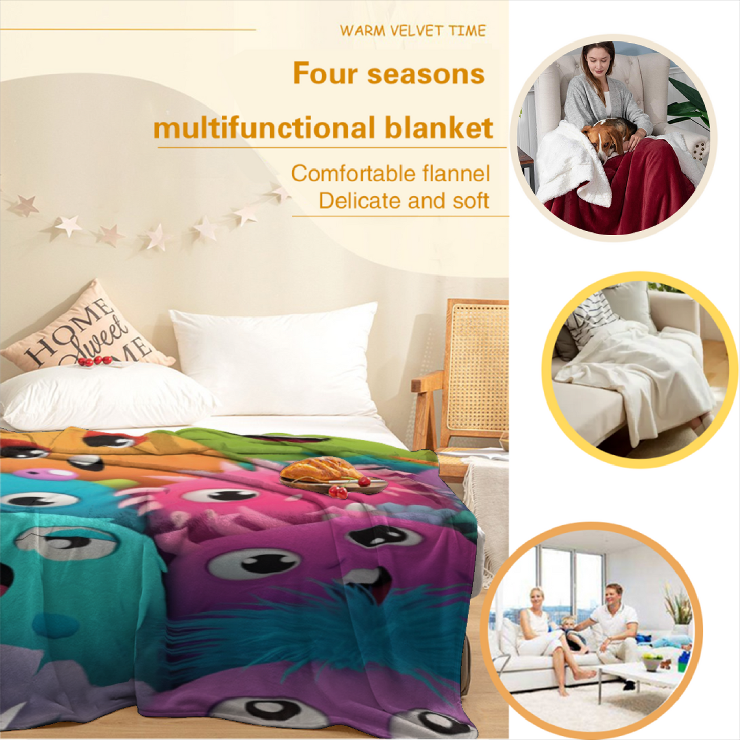 Cute Colorful Monster Flannel Throw Blanket ¨C Playful Cartoon Character Pattern