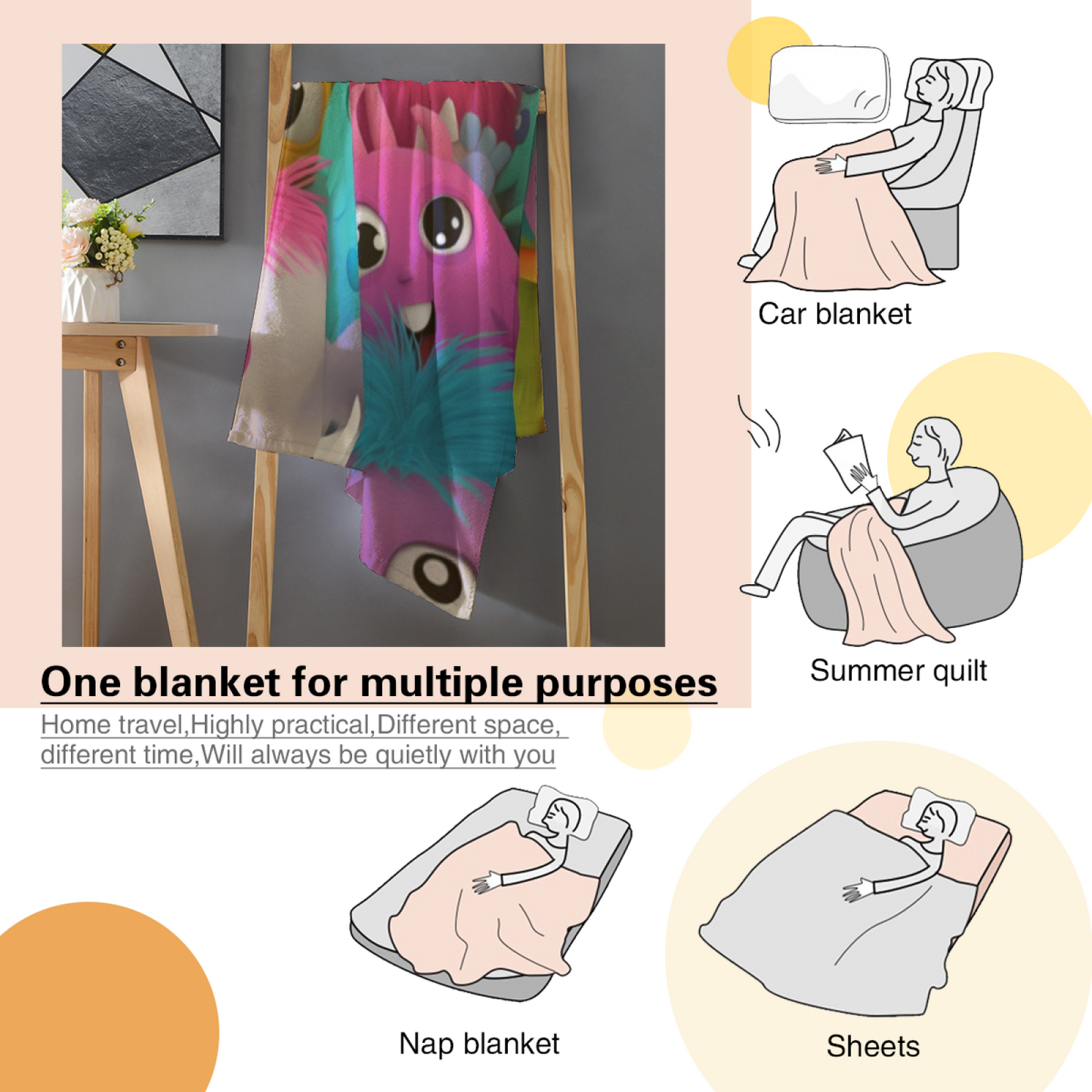 Cute Colorful Monster Flannel Throw Blanket ¨C Playful Cartoon Character Pattern