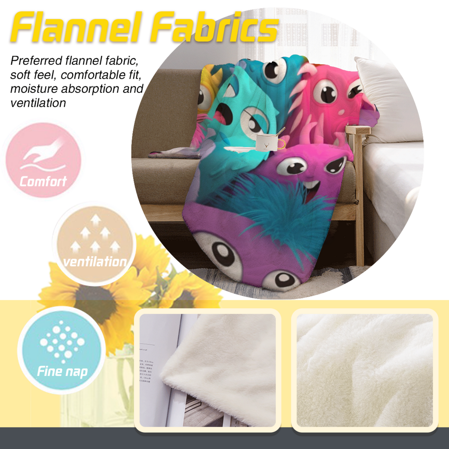 Cute Colorful Monster Flannel Throw Blanket ¨C Playful Cartoon Character Pattern
