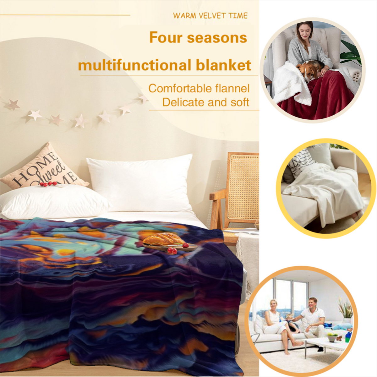 Soft Neutral Cobalt Rhythm Lightweight Flannel Throw