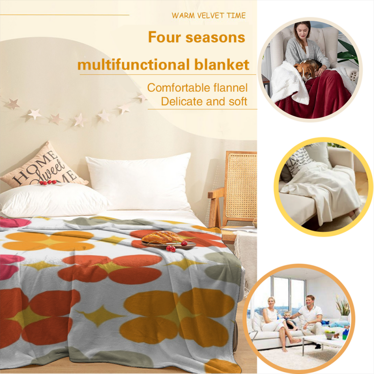 Oceanic Picnic Expressive Print Cozy Flannel Bed Blanket in Dusty Lilac