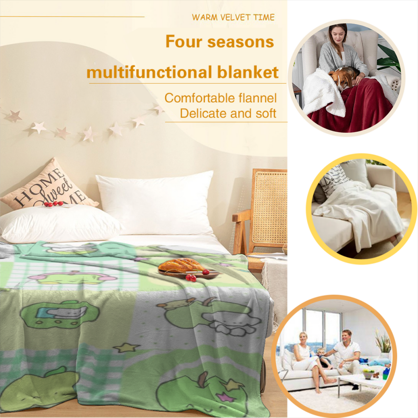 Golden Floral Flannel Throw Blanket ¨C Soft Botanical Garden Illustration