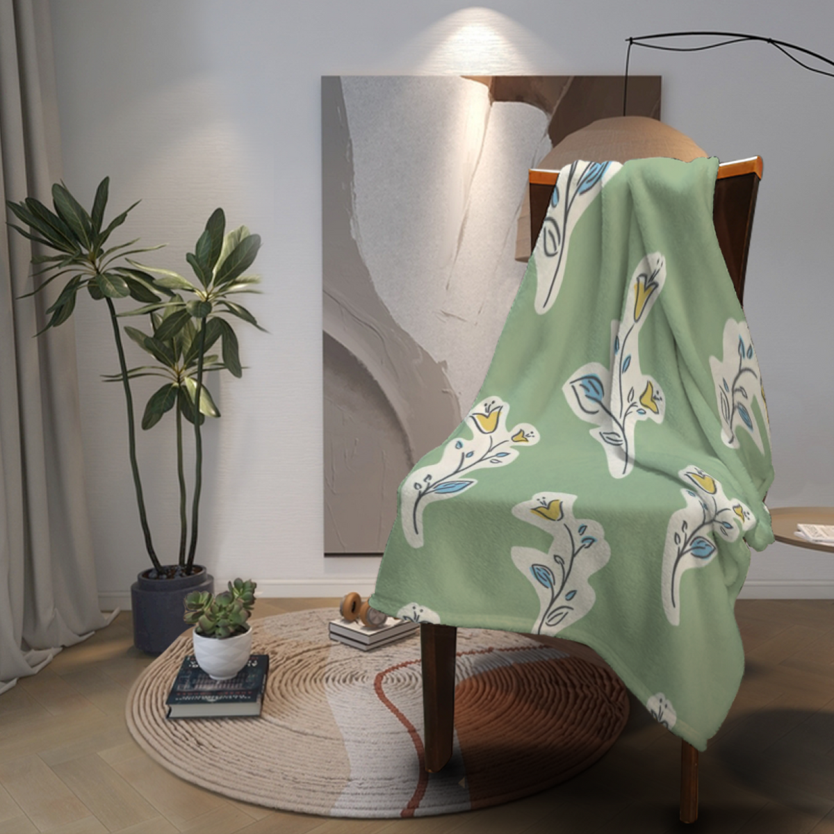 Sage Botanical Sprig Lightweight Flannel Throw