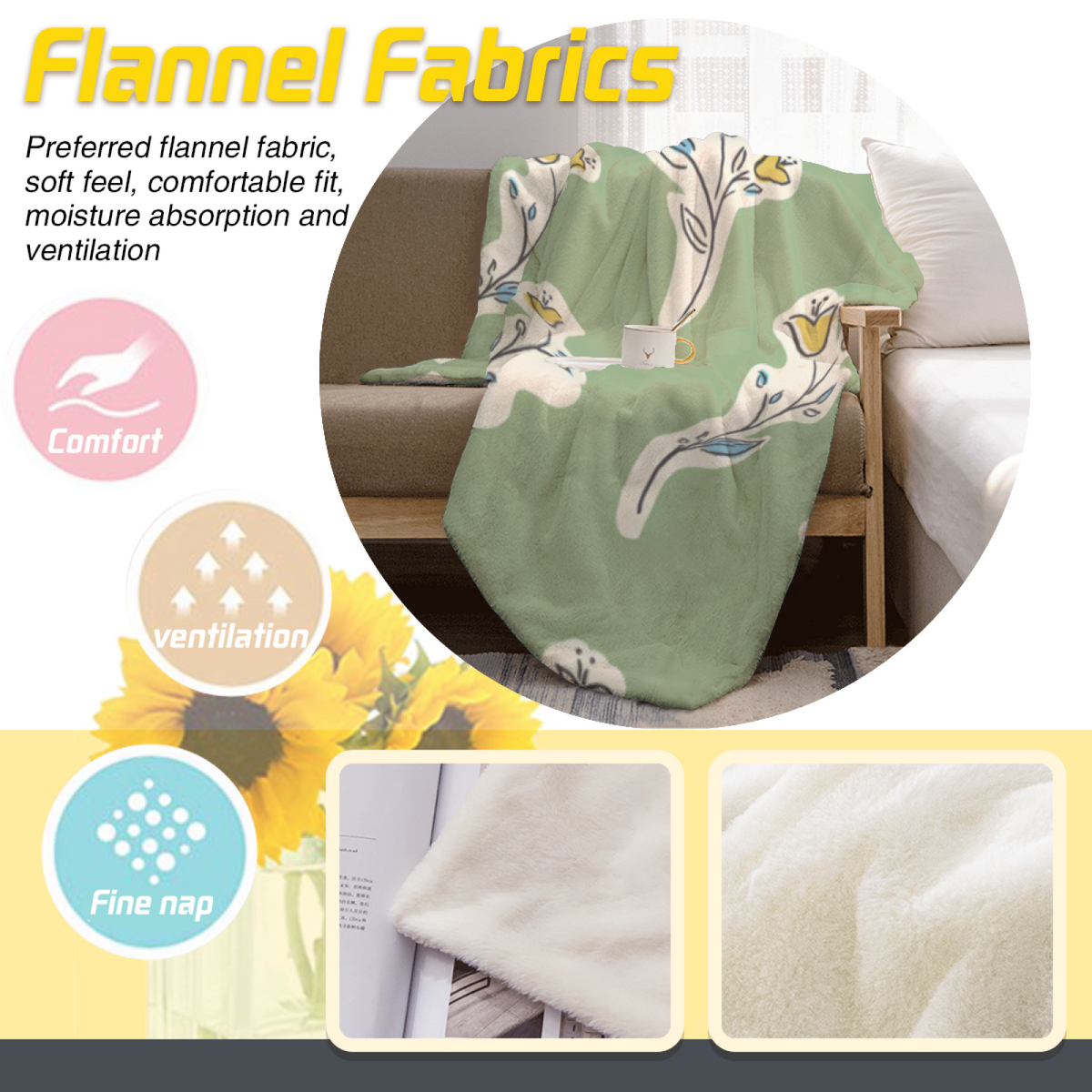 Sage Botanical Sprig Lightweight Flannel Throw