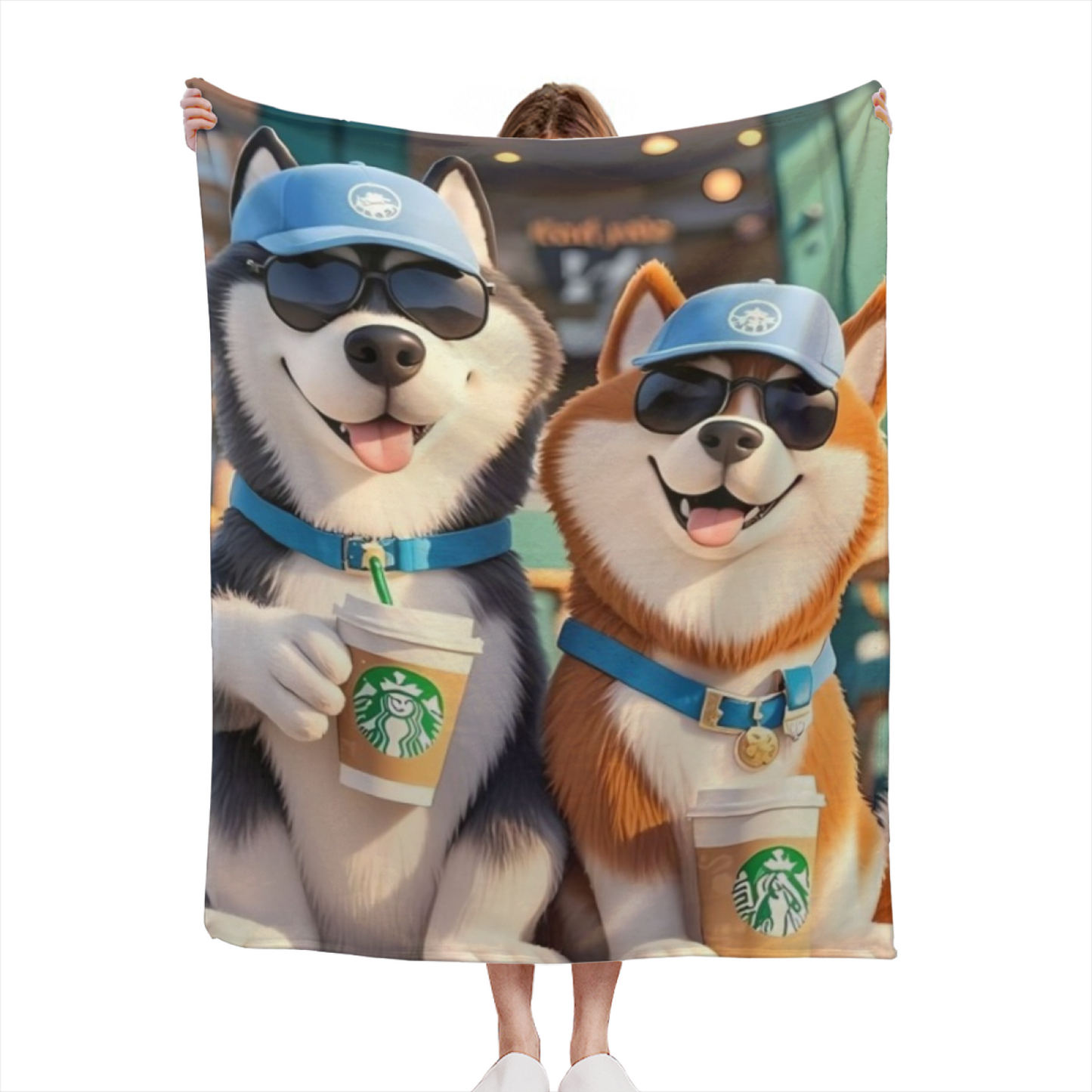 Cool Husky Dogs Flannel Throw Blanket ¨C Sunglasses and Coffee Cartoon Design