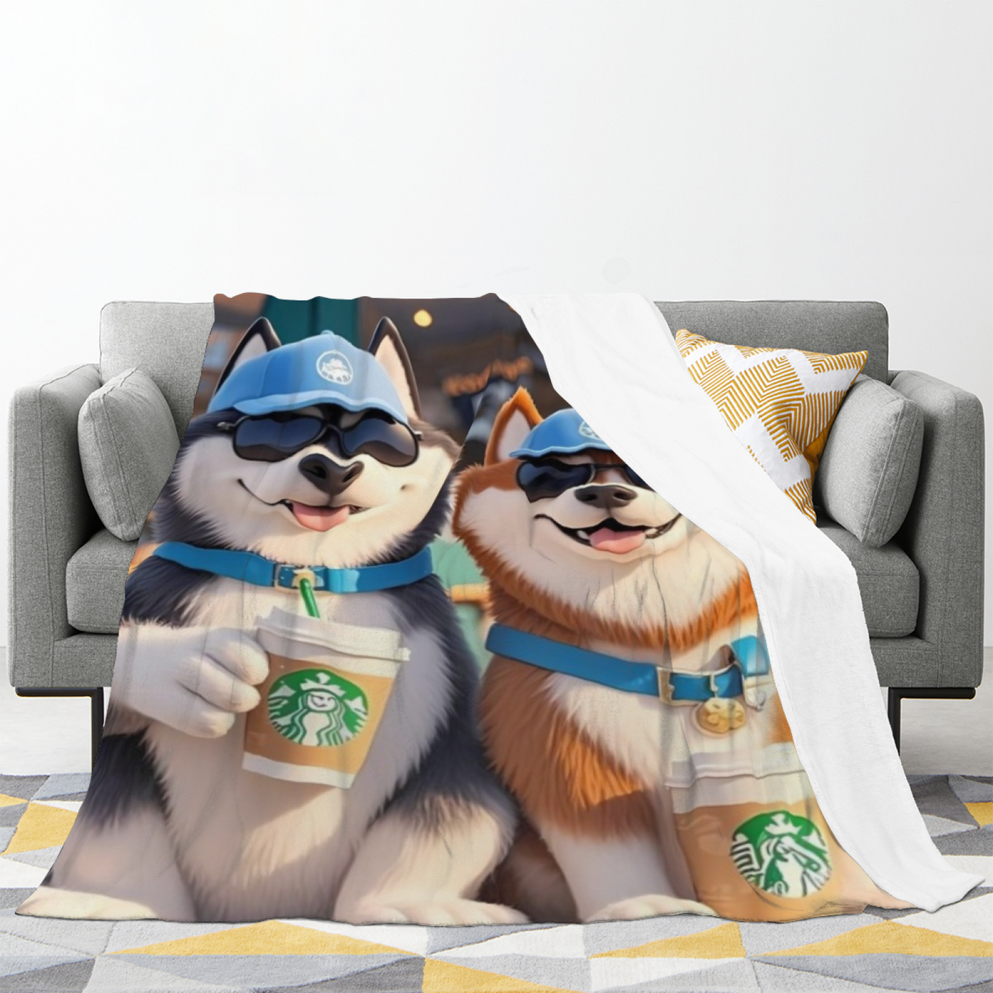Cool Husky Dogs Flannel Throw Blanket ¨C Sunglasses and Coffee Cartoon Design