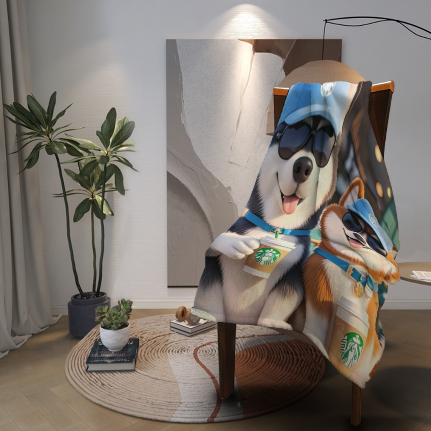 Cool Husky Dogs Flannel Throw Blanket ¨C Sunglasses and Coffee Cartoon Design