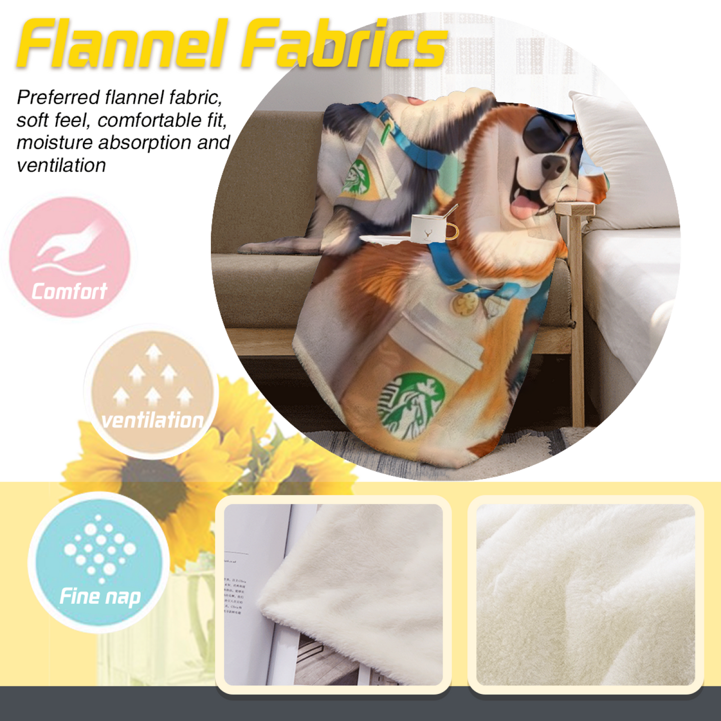 Cool Husky Dogs Flannel Throw Blanket ¨C Sunglasses and Coffee Cartoon Design