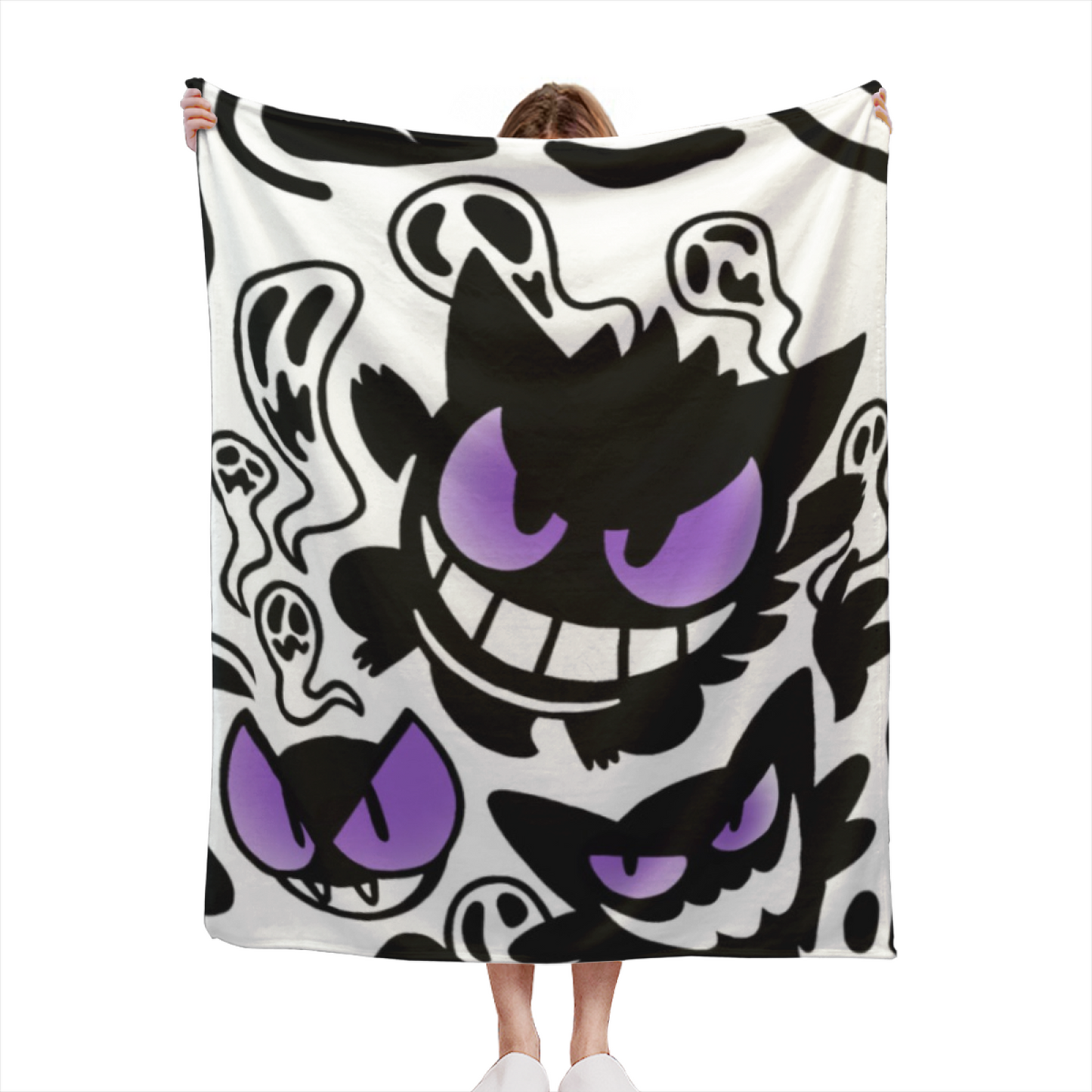 Black and Purple Cartoon Ghost Flannel Throw Blanket ¨C Fun Halloween Character Print