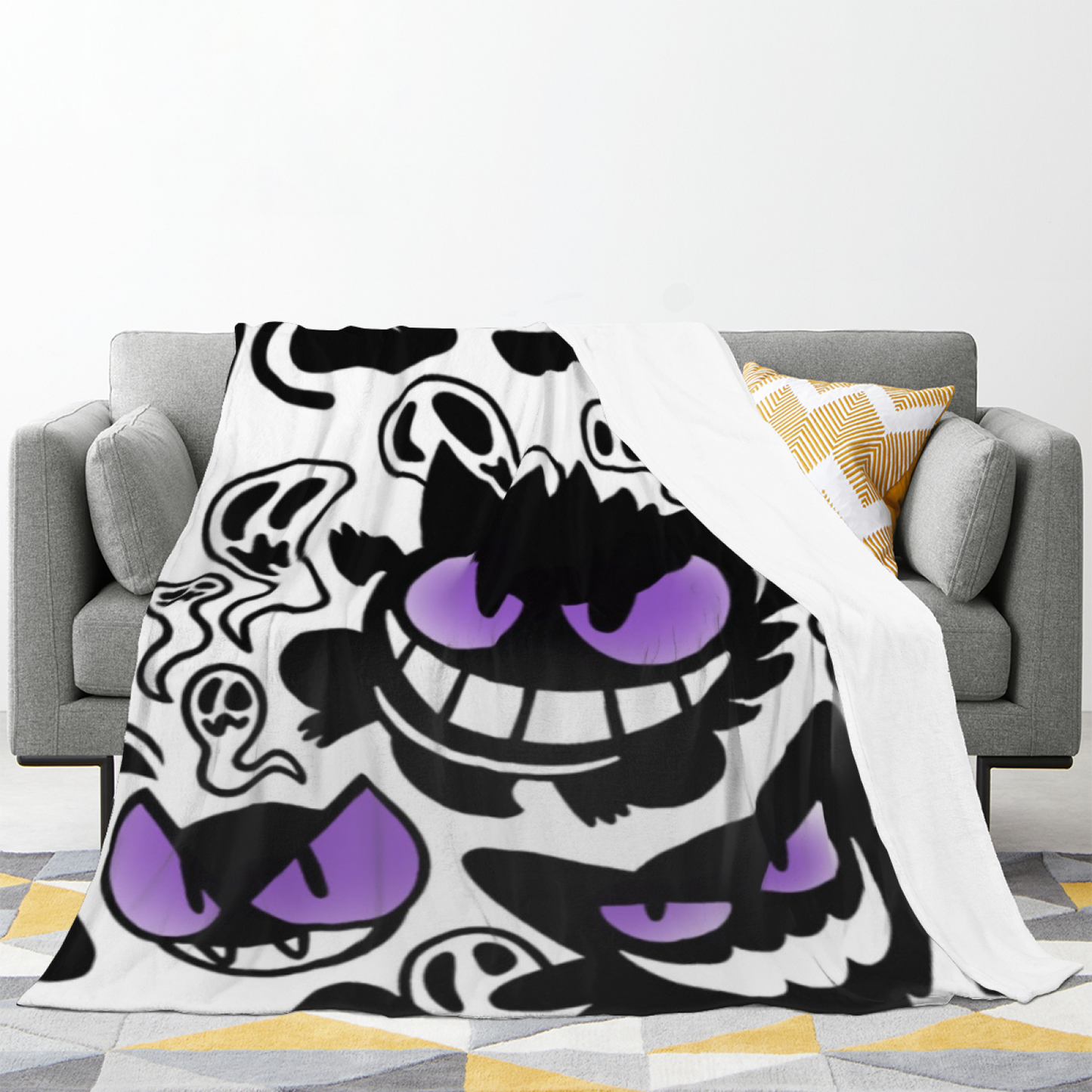 Black and Purple Cartoon Ghost Flannel Throw Blanket ¨C Fun Halloween Character Print