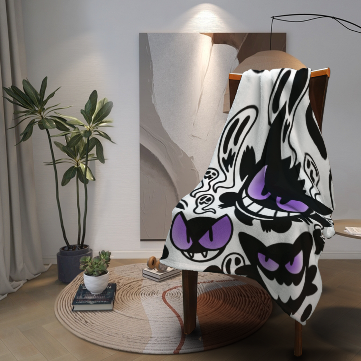 Black and Purple Cartoon Ghost Flannel Throw Blanket ¨C Fun Halloween Character Print