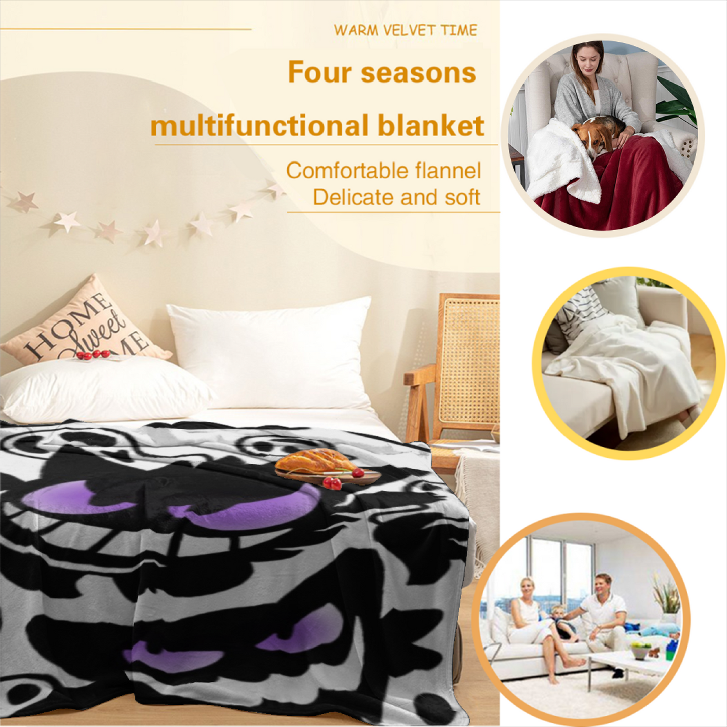 Black and Purple Cartoon Ghost Flannel Throw Blanket ¨C Fun Halloween Character Print