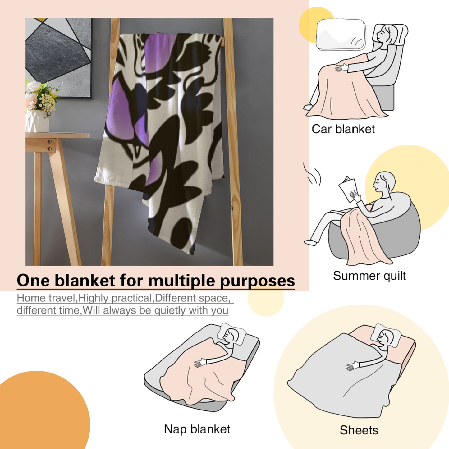 Black and Purple Cartoon Ghost Flannel Throw Blanket ¨C Fun Halloween Character Print