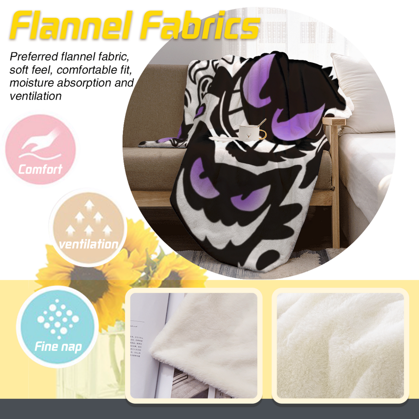 Black and Purple Cartoon Ghost Flannel Throw Blanket ¨C Fun Halloween Character Print