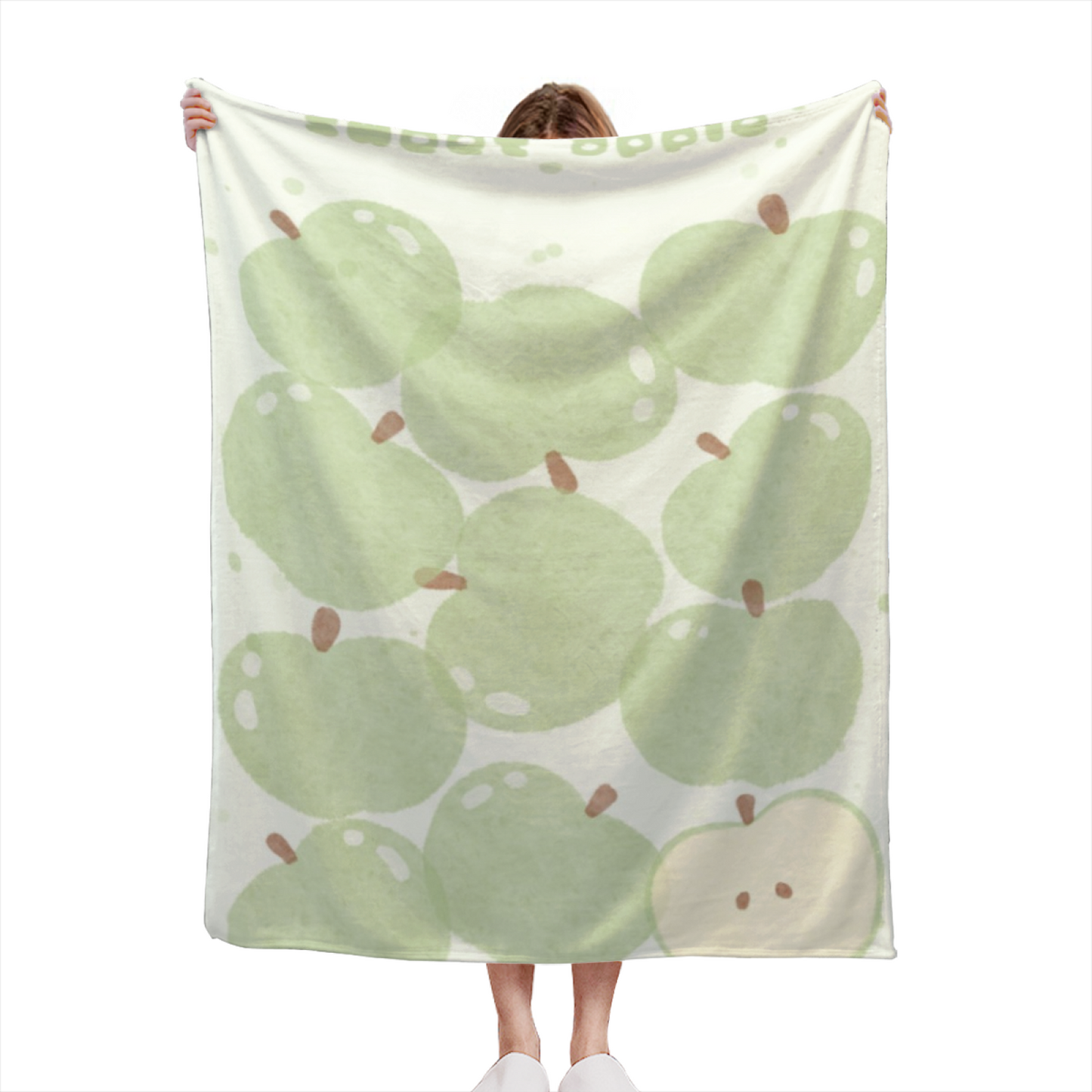 Green Apple Flannel Throw Blanket ¨C Cute Minimal Fruit Character Print