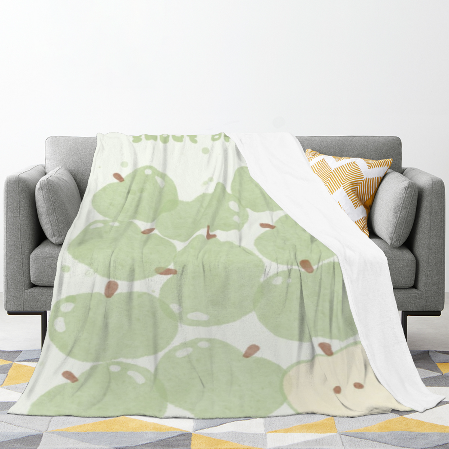 Green Apple Flannel Throw Blanket ¨C Cute Minimal Fruit Character Print
