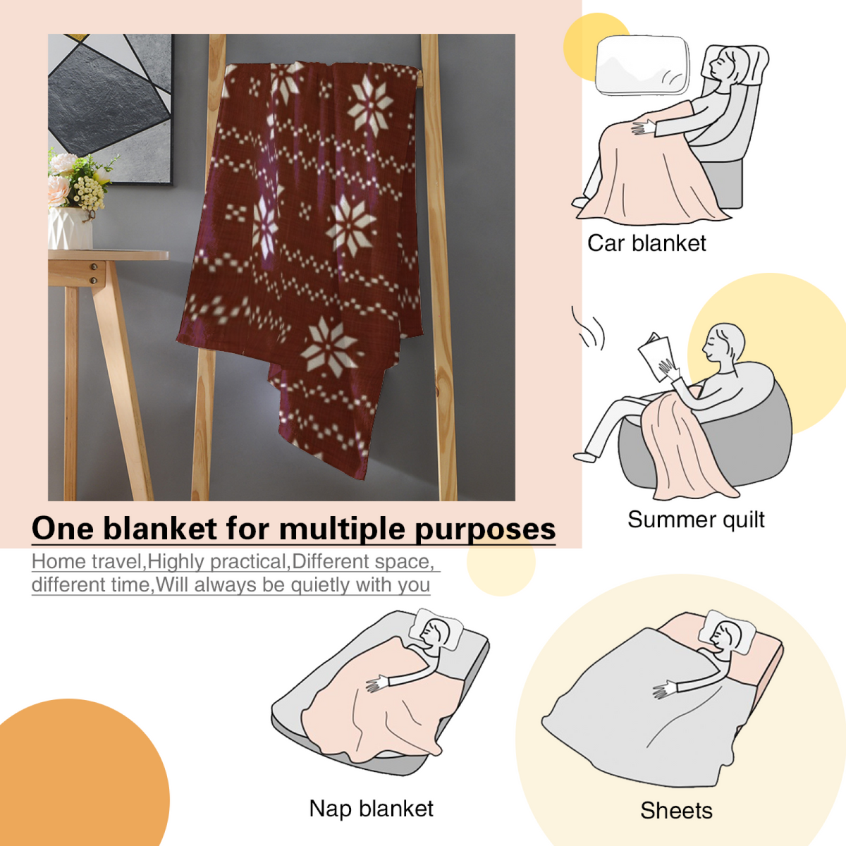 Playful Warm Coral Rosewood Kaleidoscope Lightweight Flannel Throw