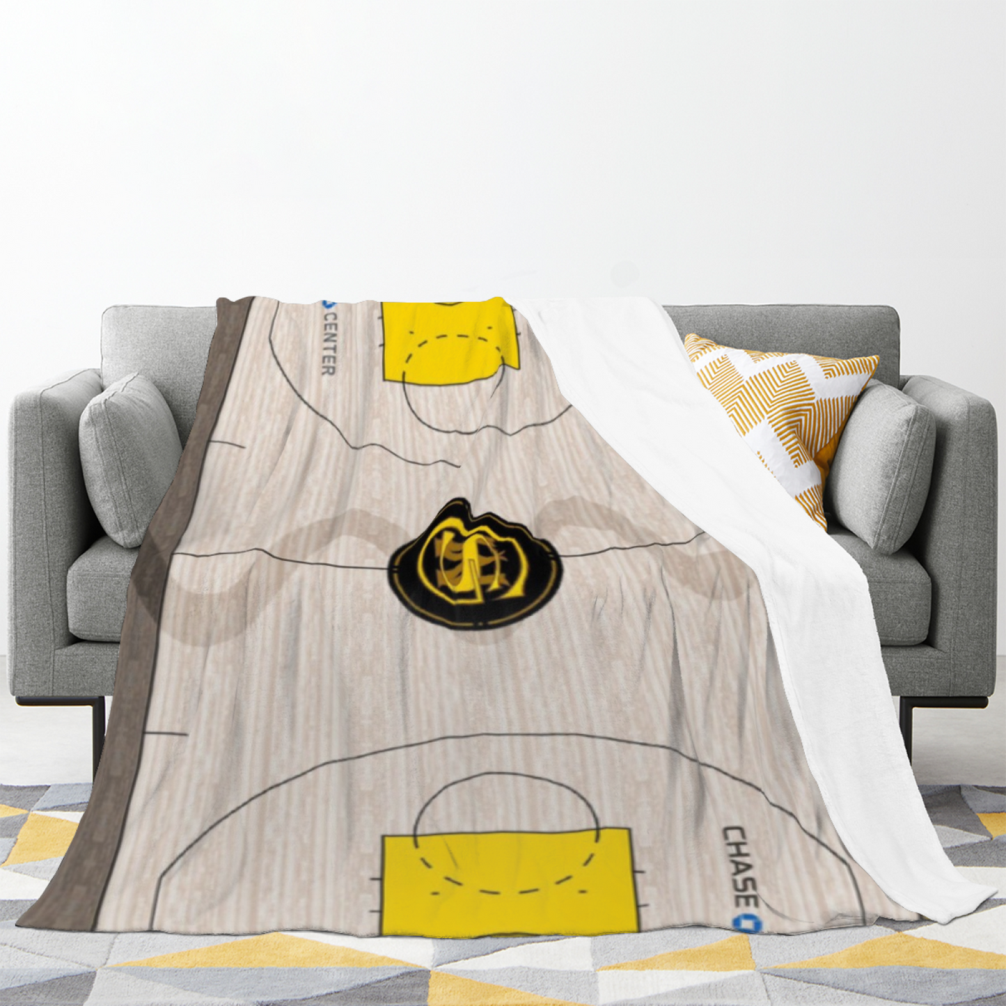 Indiana Pacers-Inspired Basketball Court Flannel Throw Blanket ¨C Yellow and Black Sports Graphic