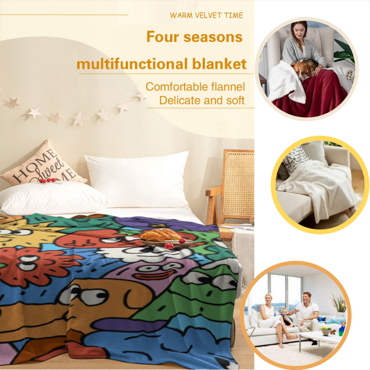 Sunwashed Carnival Expressive Print Cozy Flannel Bed Blanket in Rich Multicolor