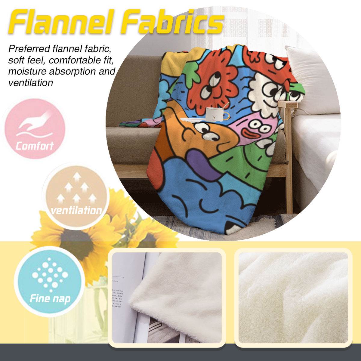 Sunwashed Carnival Expressive Print Cozy Flannel Bed Blanket in Rich Multicolor