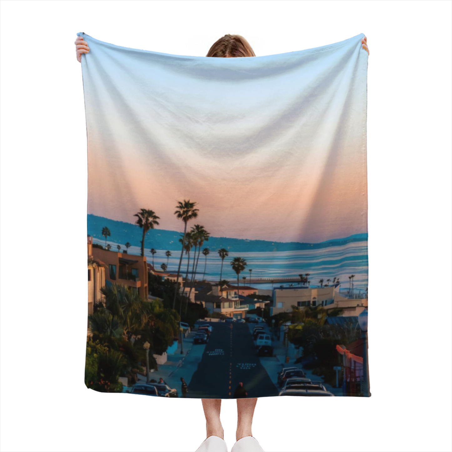 Coastal California Sunset Flannel Throw Blanket ¨C Oceanfront Street View