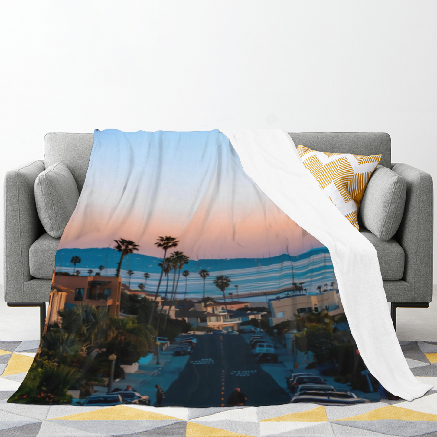 Coastal California Sunset Flannel Throw Blanket ¨C Oceanfront Street View