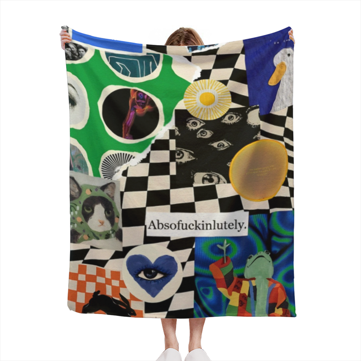 Black and White Checkered Collage Art Throw Blanket ¨C Eclectic Abstract Printed Cozy Blanket