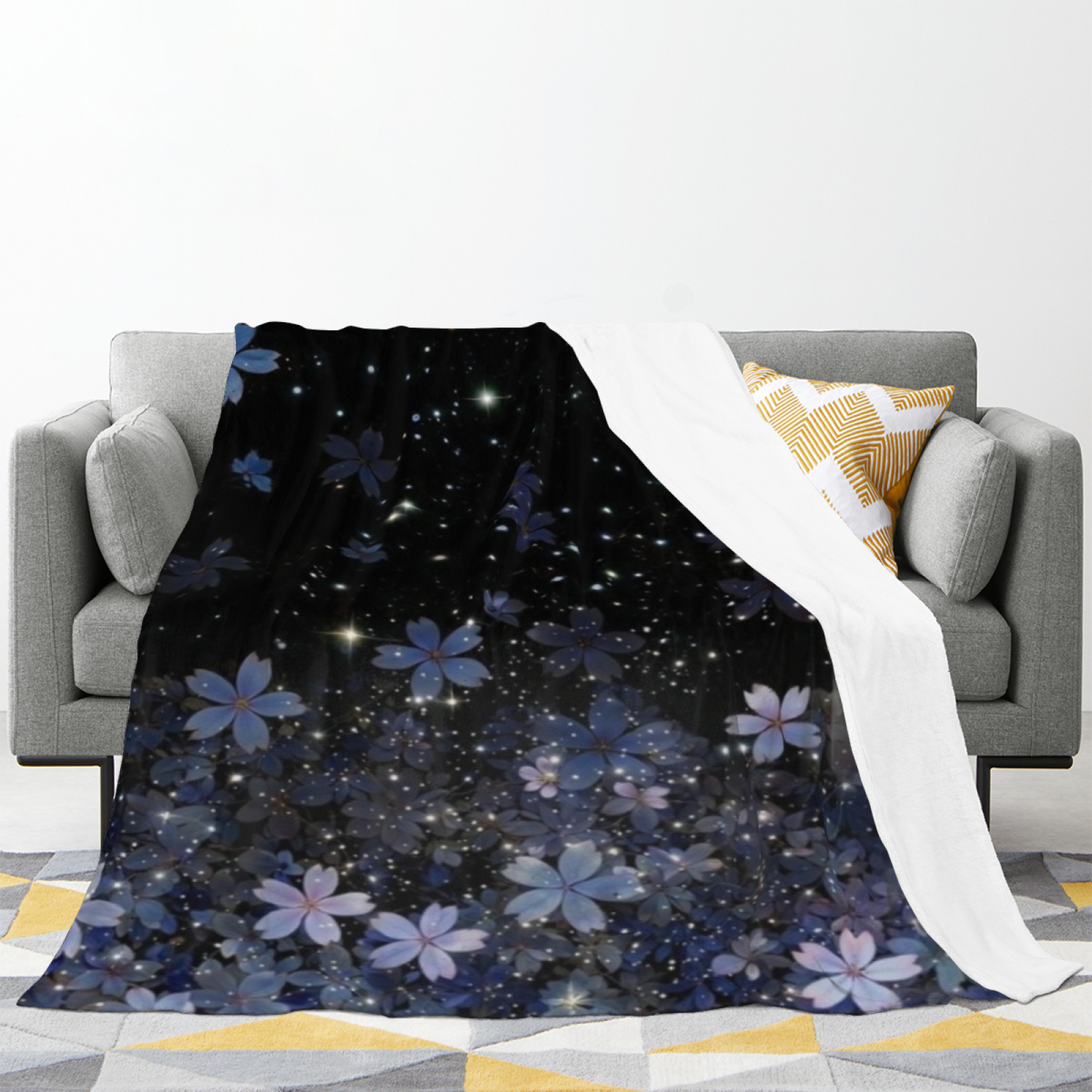 Starry Blue Floral Flannel Throw Blanket ¨C Galaxy-Inspired Flower Print