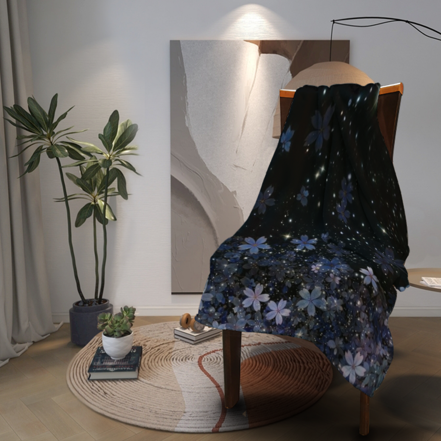 Starry Blue Floral Flannel Throw Blanket ¨C Galaxy-Inspired Flower Print