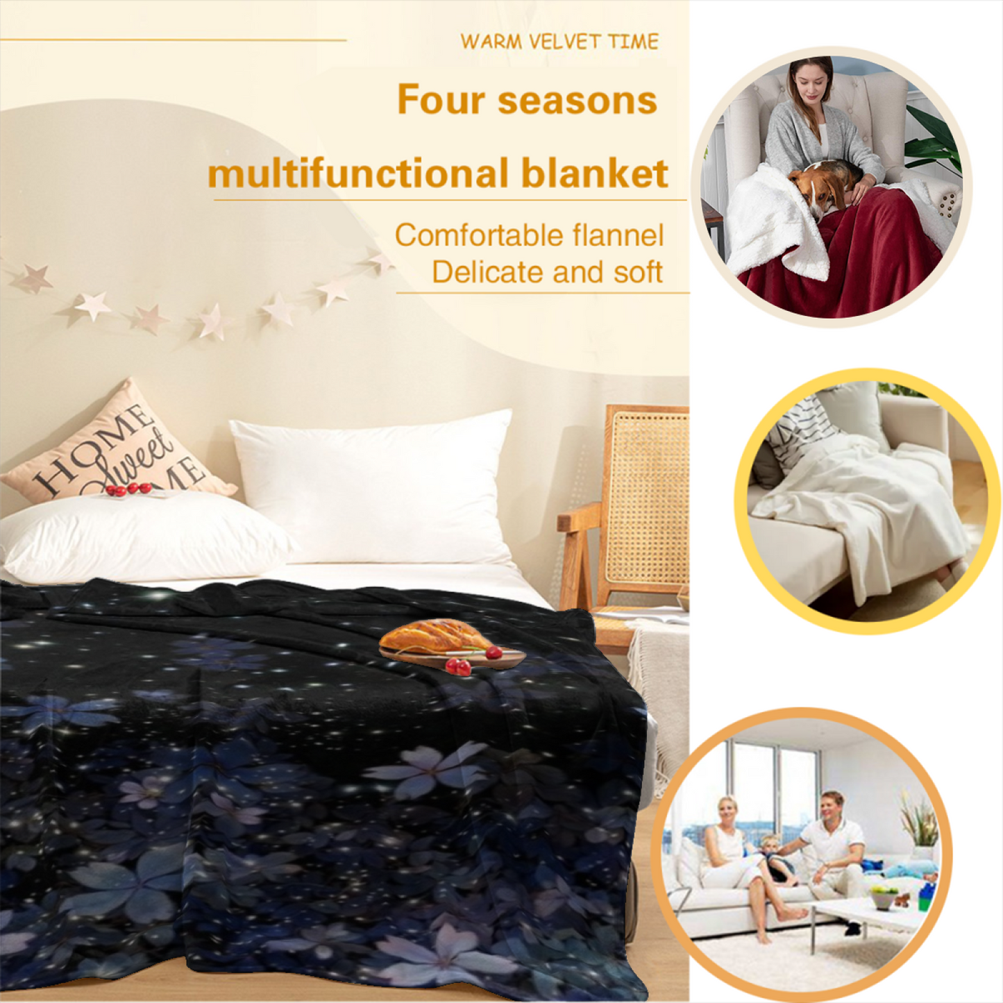 Starry Blue Floral Flannel Throw Blanket ¨C Galaxy-Inspired Flower Print