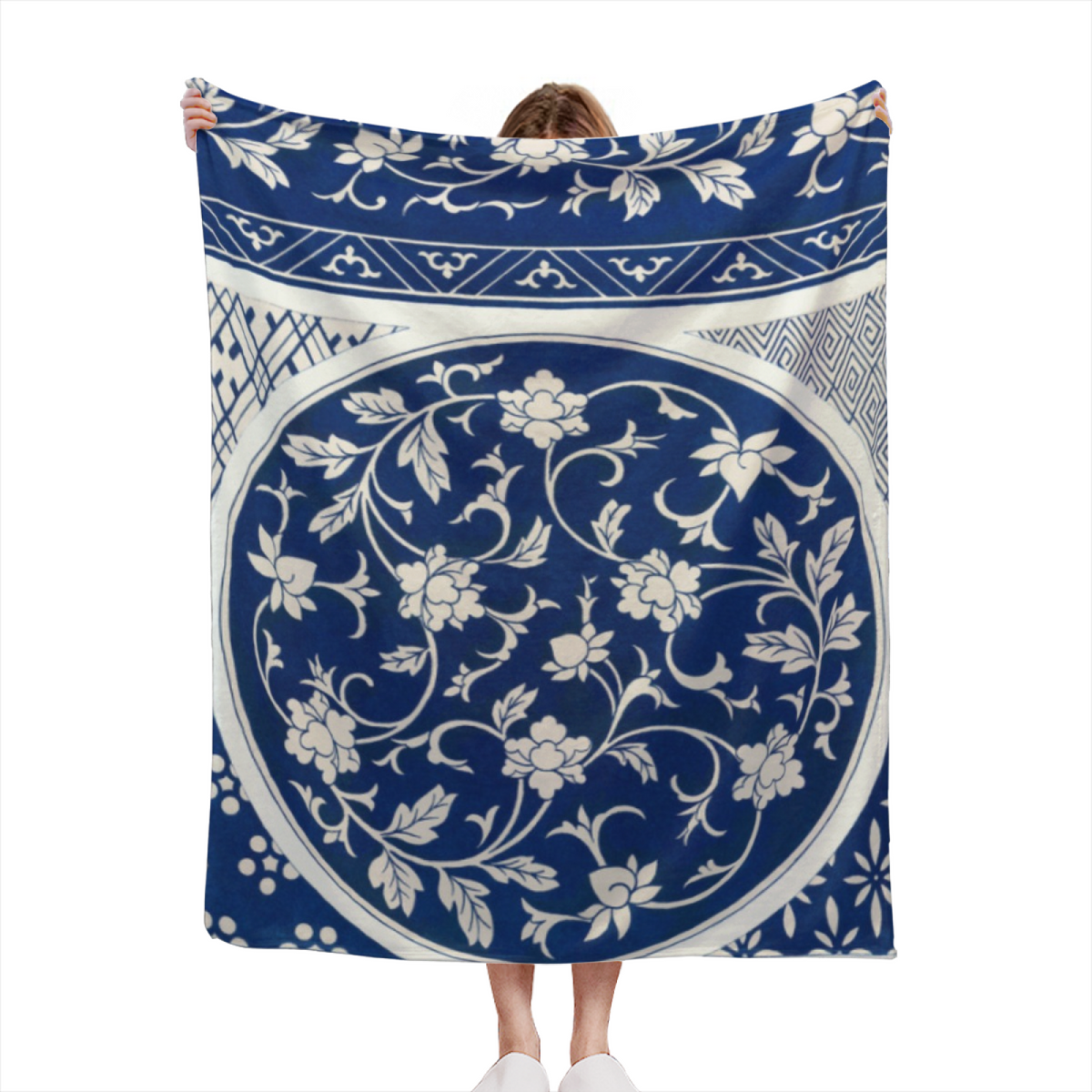 Blue Porcelain Botanical Medallion Flannel Throw Blanket