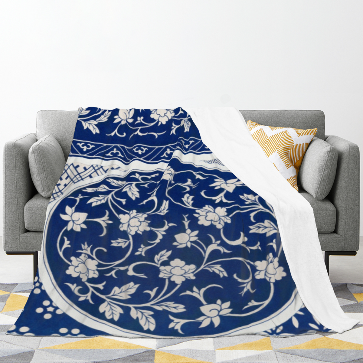 Blue Porcelain Botanical Medallion Flannel Throw Blanket