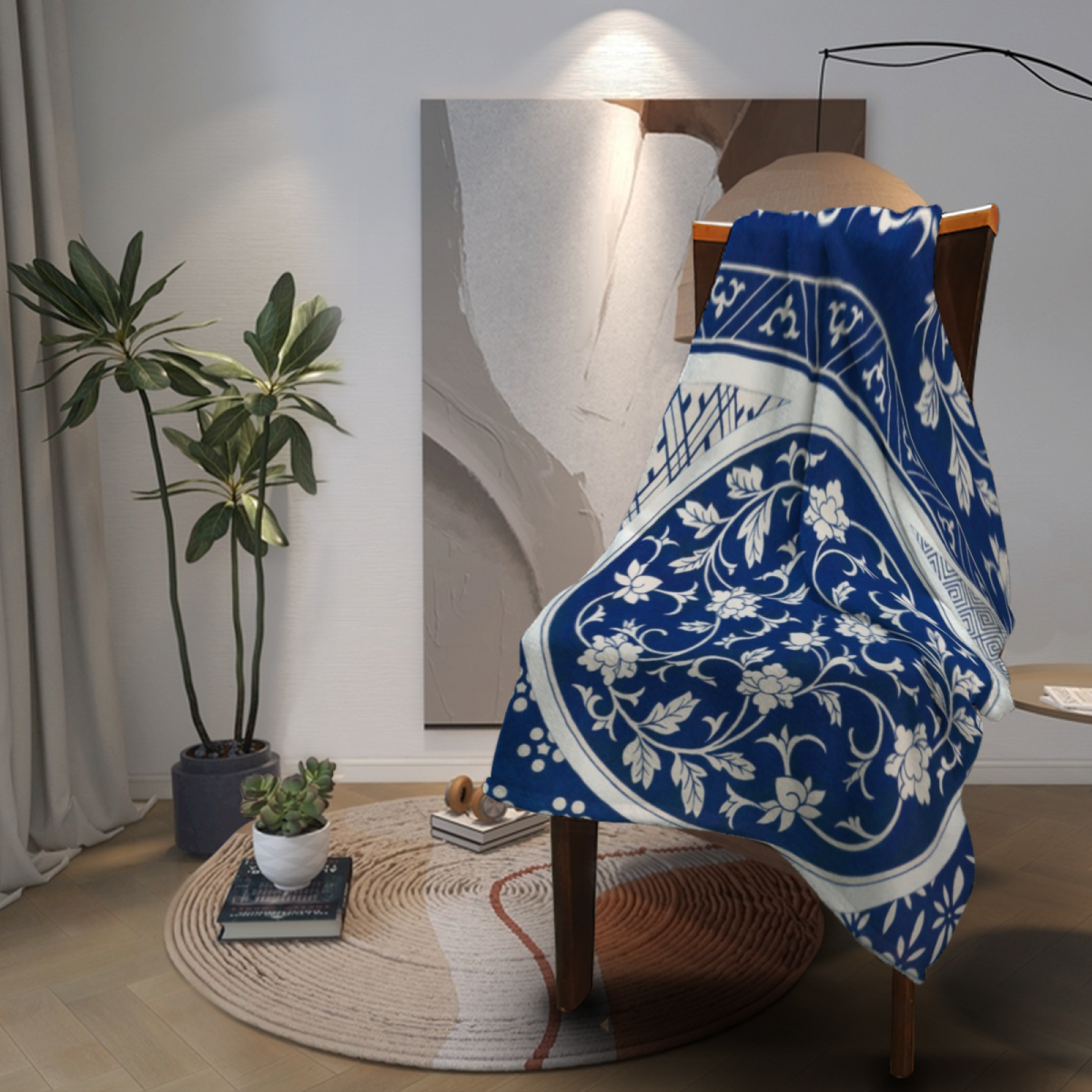 Blue Porcelain Botanical Medallion Flannel Throw Blanket