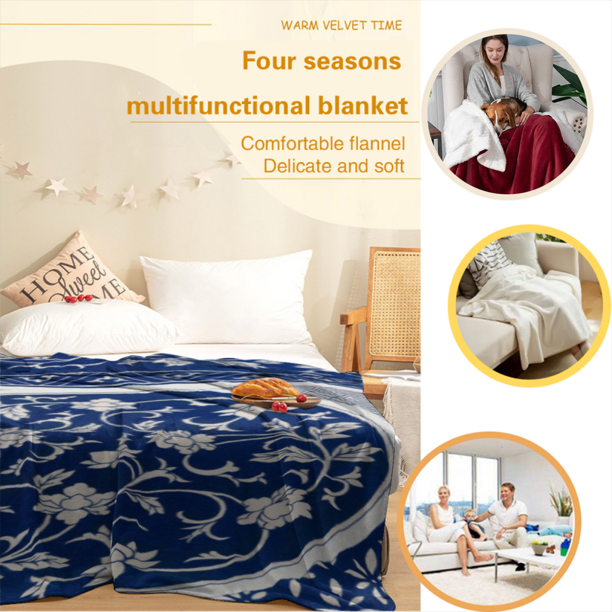 Blue Porcelain Botanical Medallion Flannel Throw Blanket