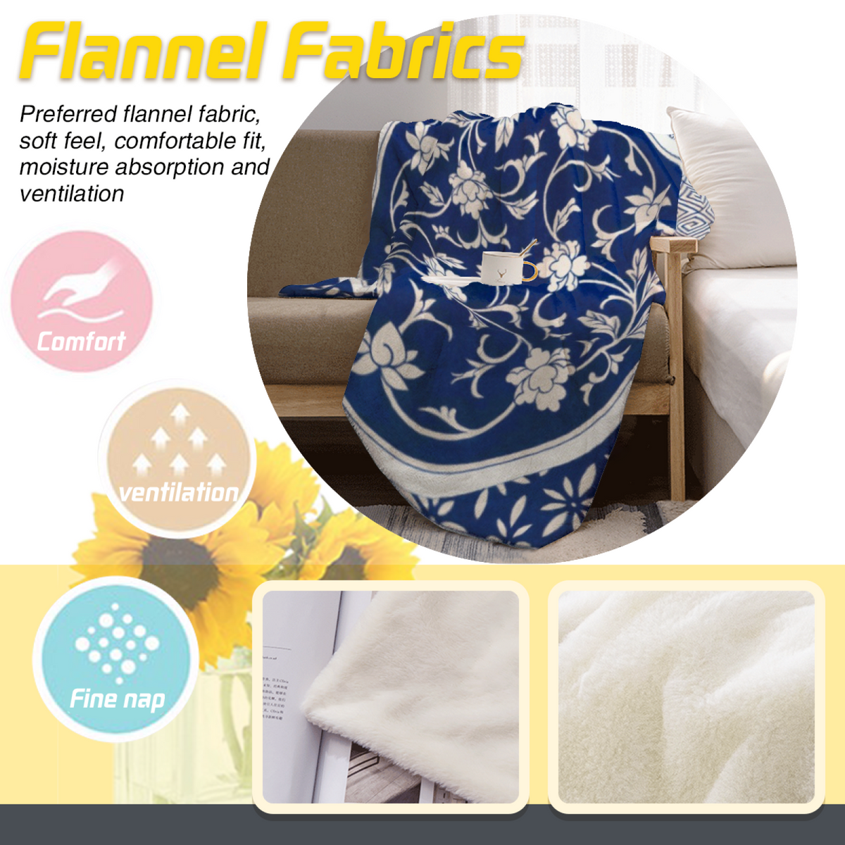 Blue Porcelain Botanical Medallion Flannel Throw Blanket