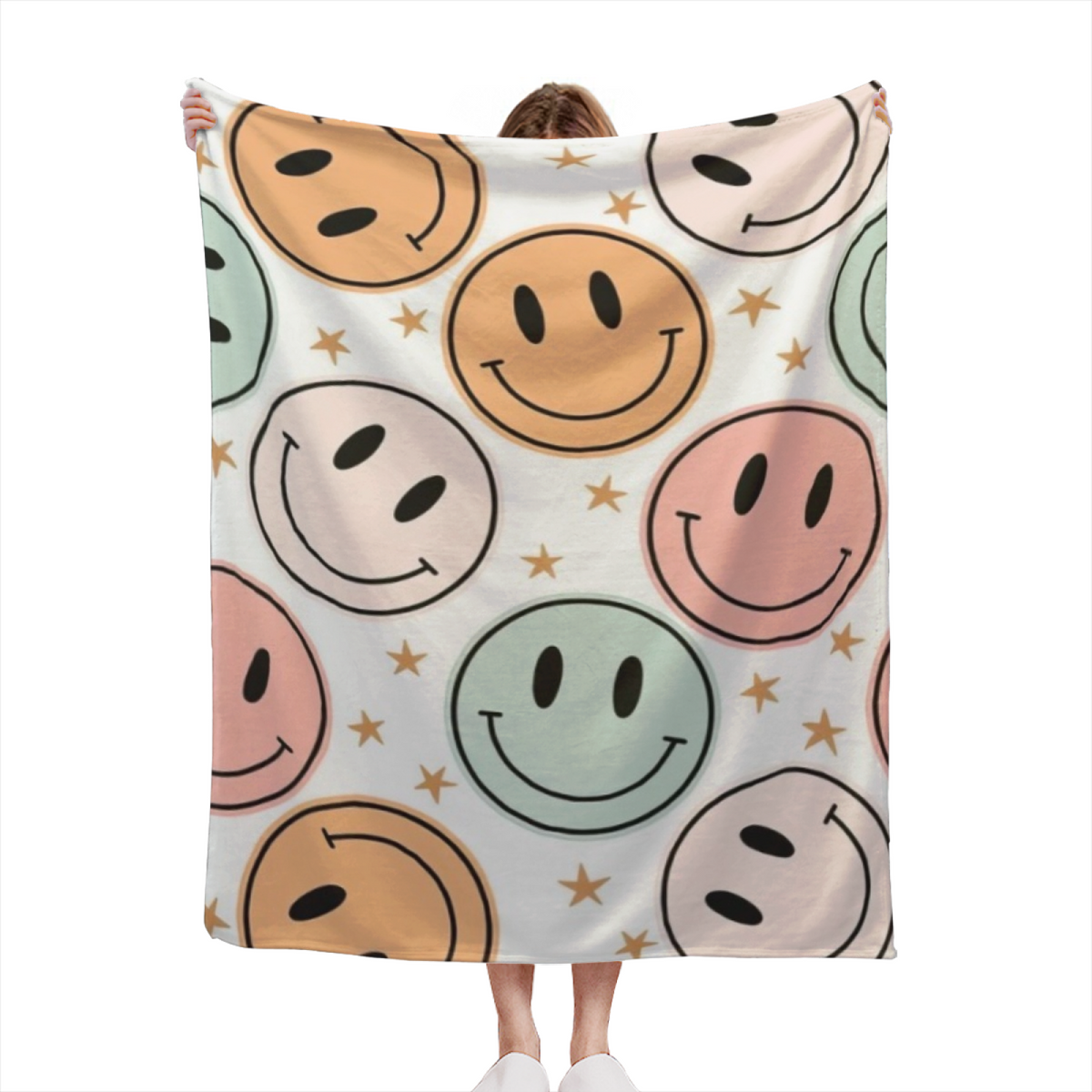Neutral Retro Smiley Plush Flannel Throw