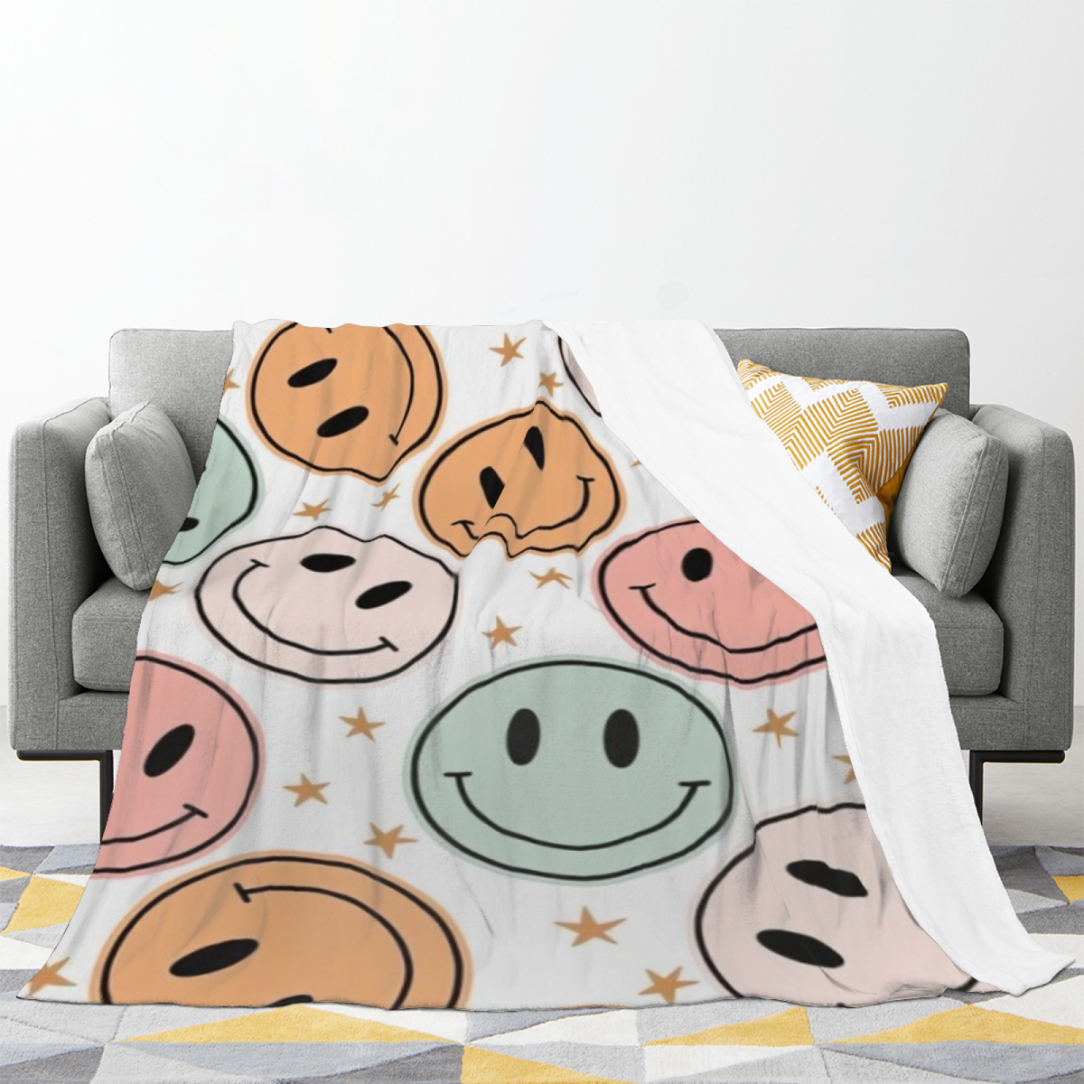 Neutral Retro Smiley Plush Flannel Throw