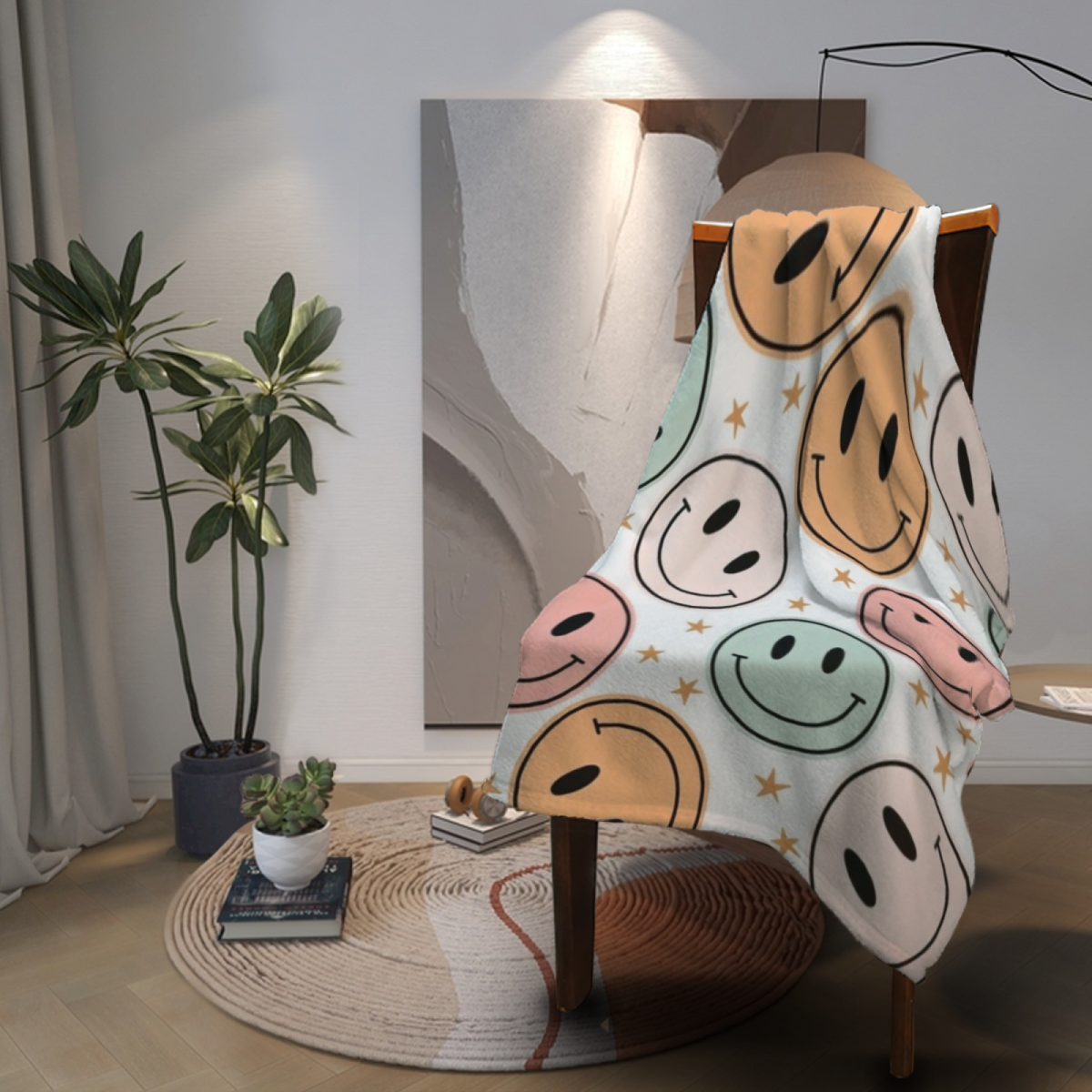 Neutral Retro Smiley Plush Flannel Throw