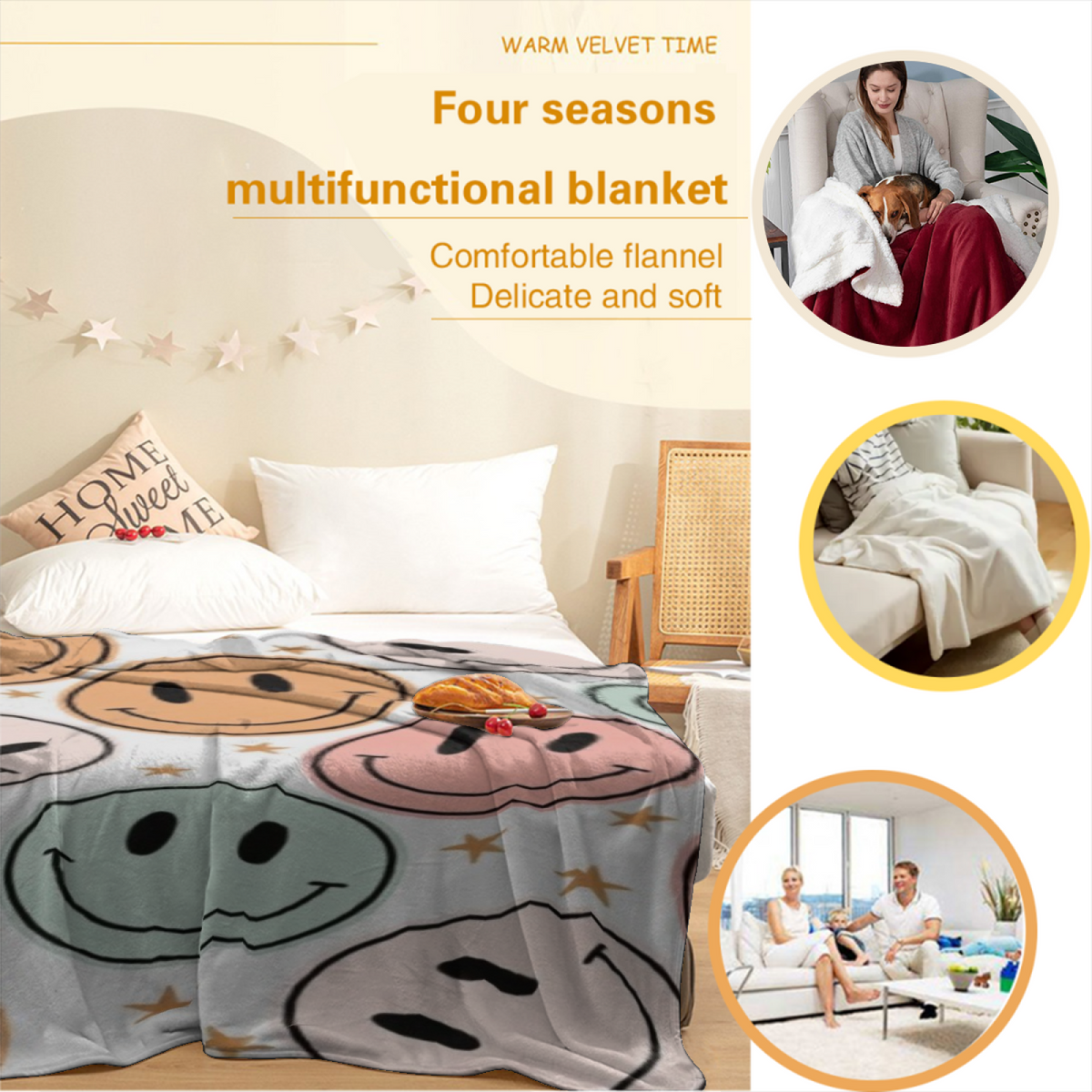 Neutral Retro Smiley Plush Flannel Throw