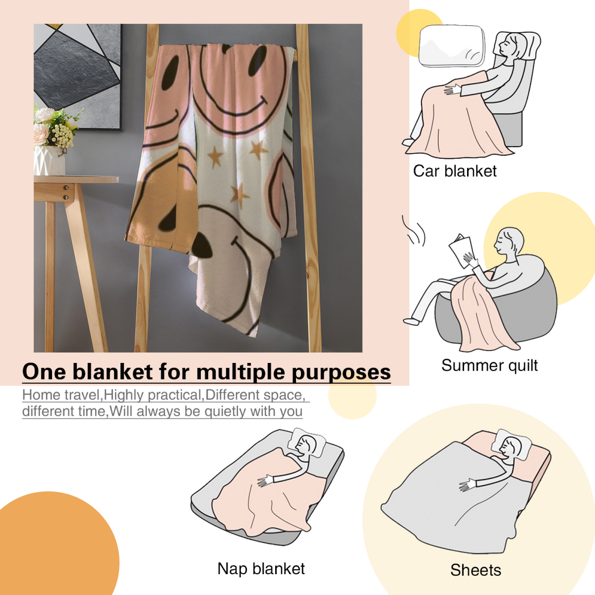 Neutral Retro Smiley Plush Flannel Throw