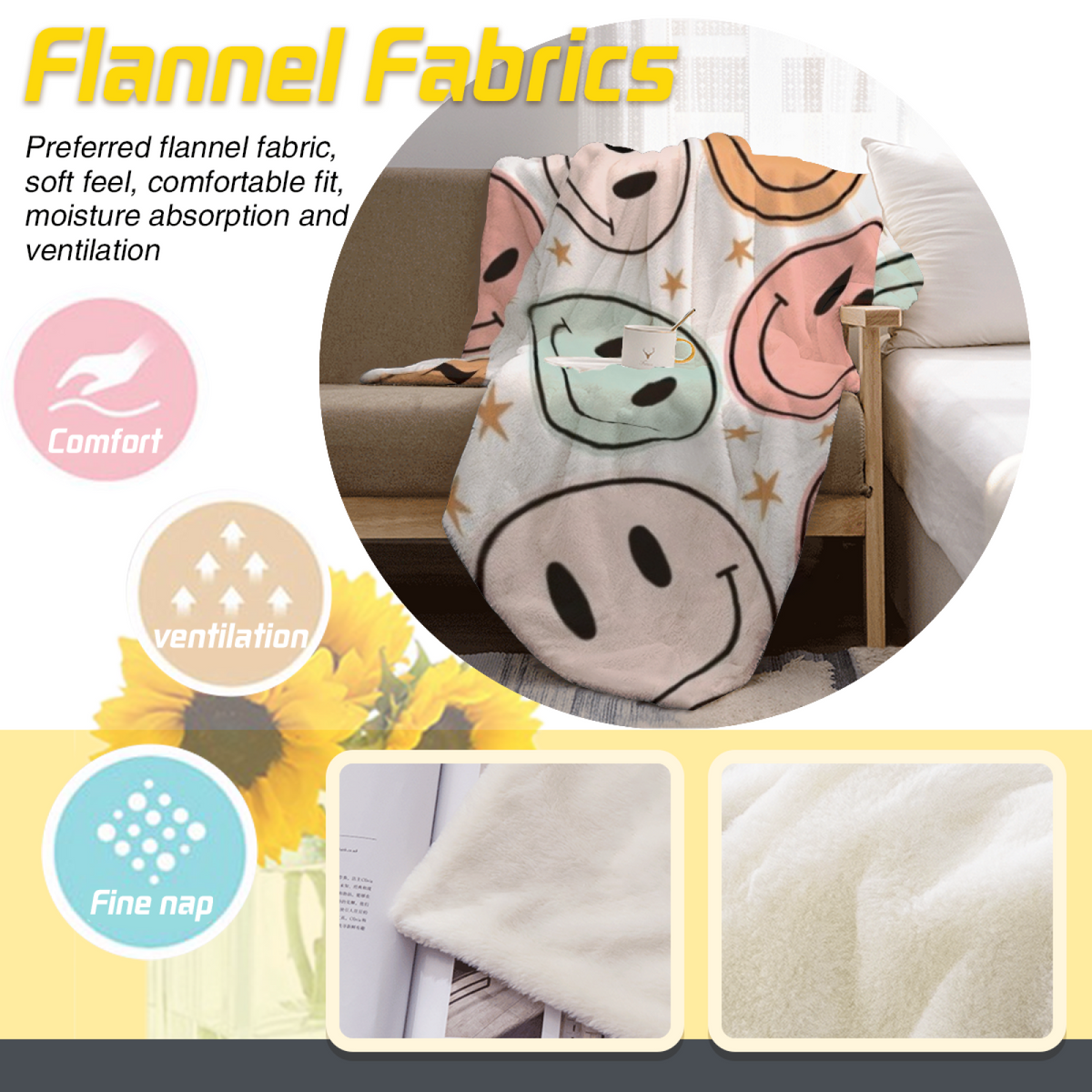 Neutral Retro Smiley Plush Flannel Throw