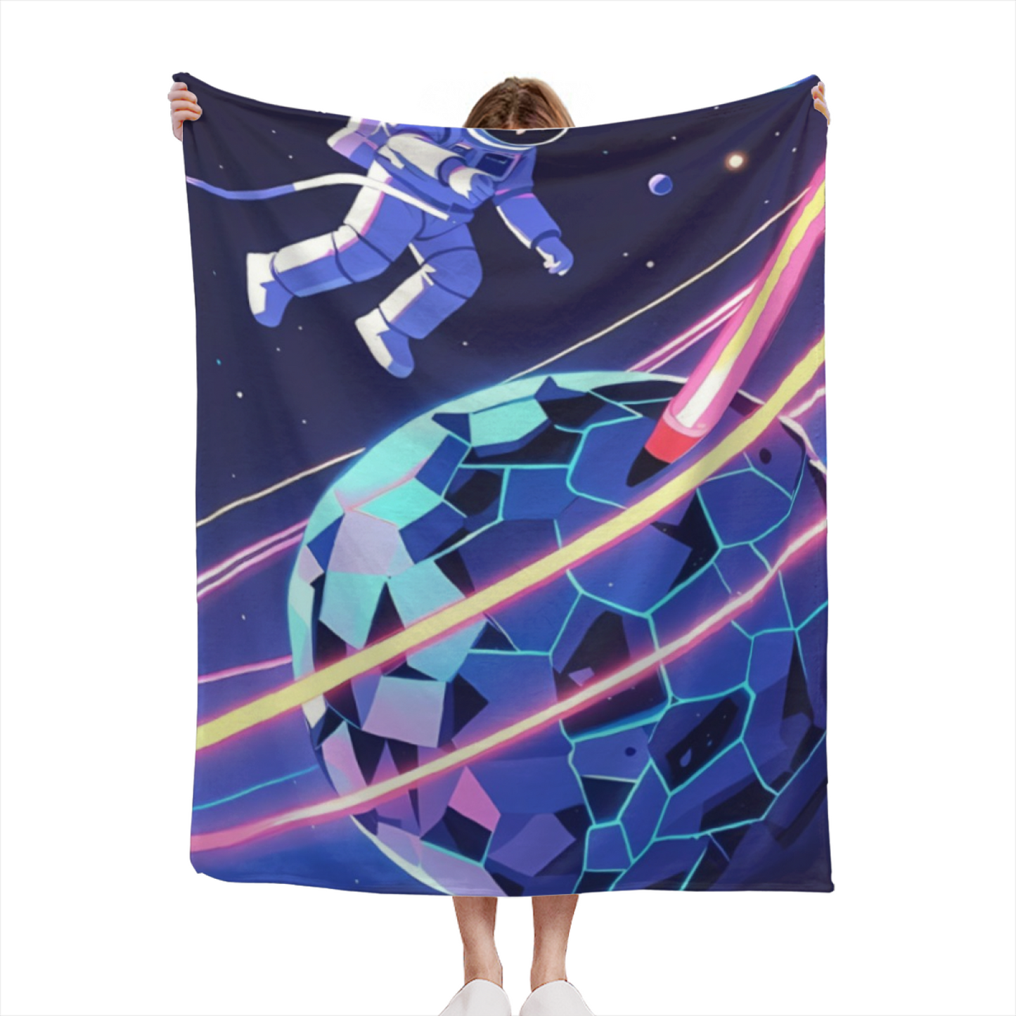 Black Space Astronaut Flannel Throw Blanket ¨C Retro Cartoon Galaxy Print