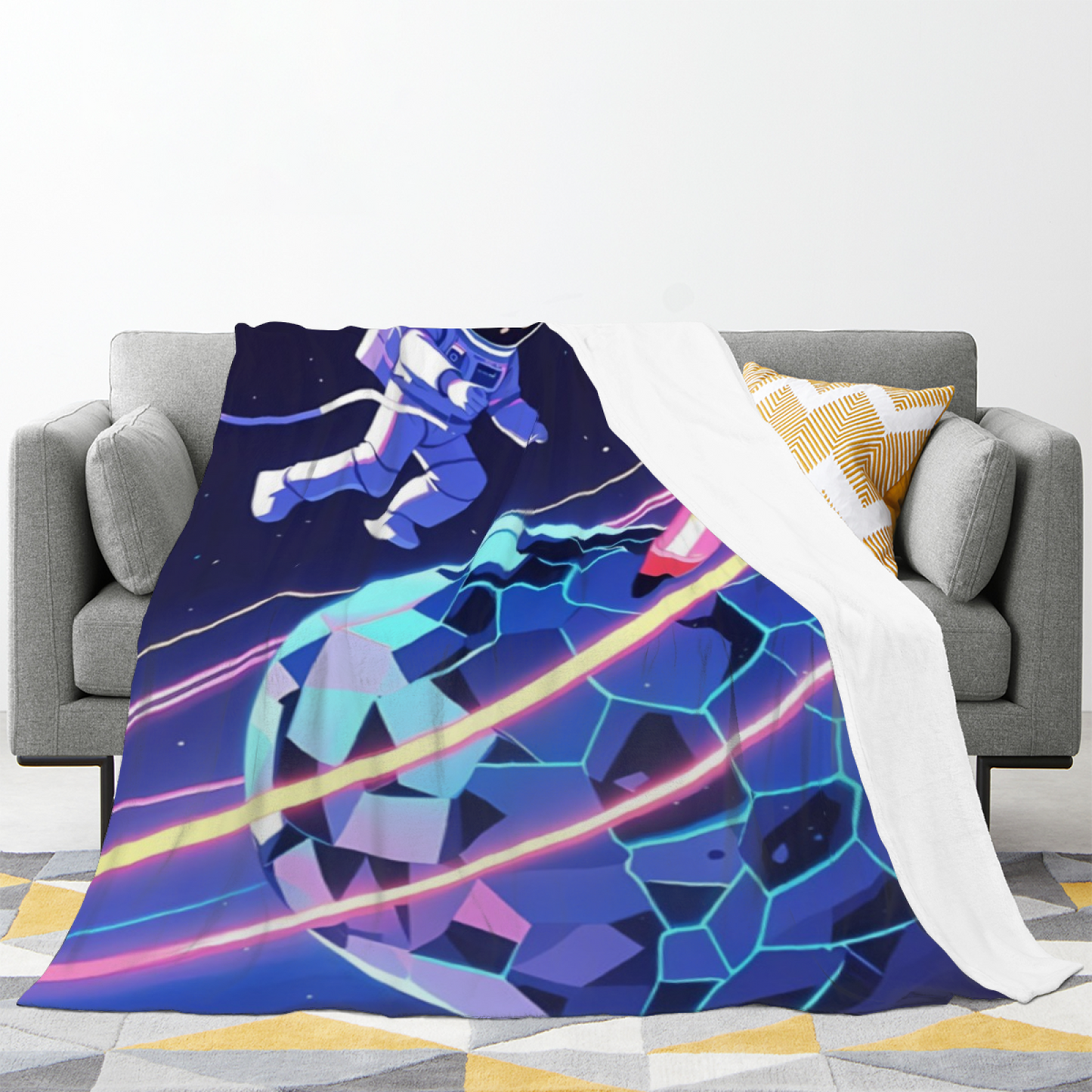 Black Space Astronaut Flannel Throw Blanket ¨C Retro Cartoon Galaxy Print