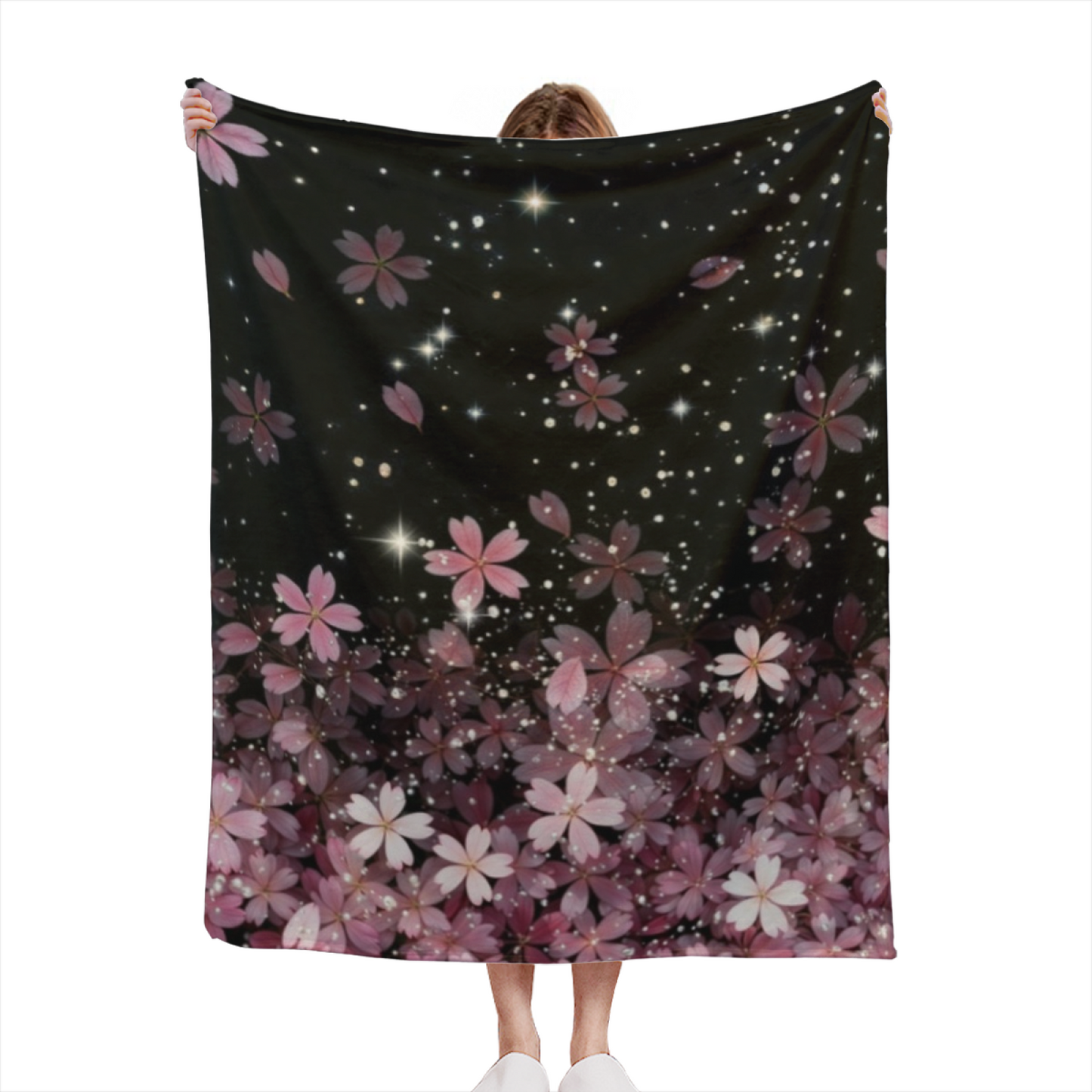 Starry Cherry Blossom Flannel Throw Blanket ¨C Pink Flowers on a Night Sky