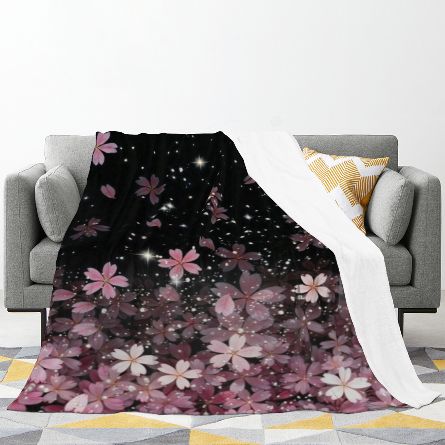 Starry Cherry Blossom Flannel Throw Blanket ¨C Pink Flowers on a Night Sky