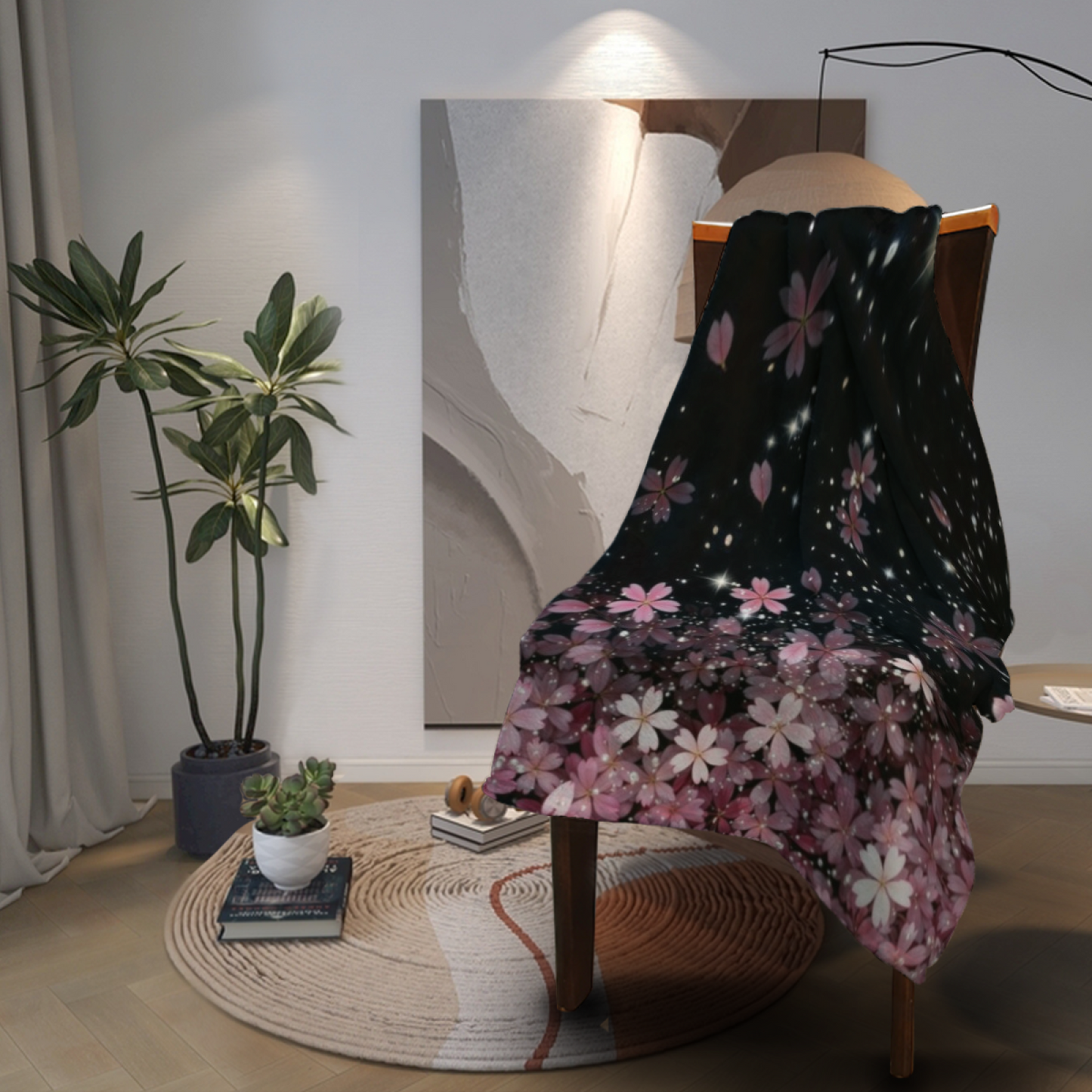 Starry Cherry Blossom Flannel Throw Blanket ¨C Pink Flowers on a Night Sky