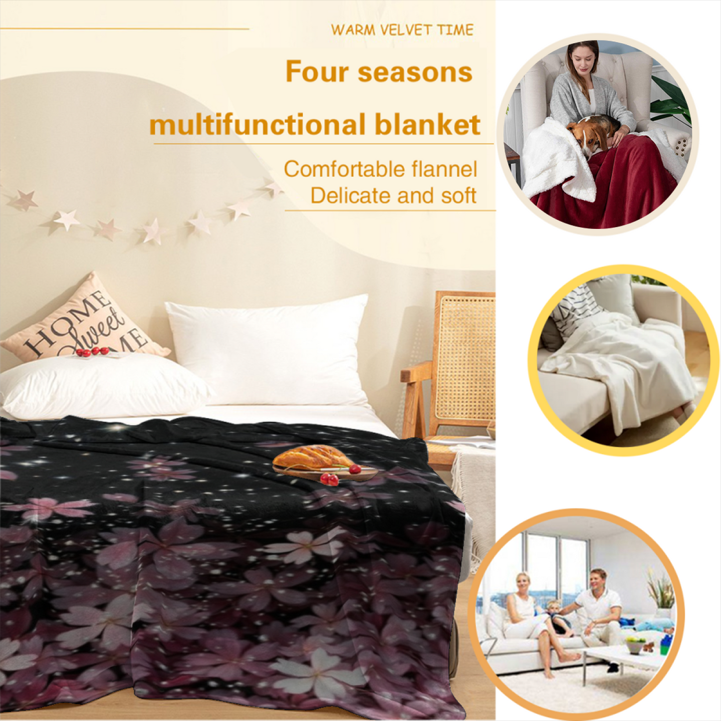 Starry Cherry Blossom Flannel Throw Blanket ¨C Pink Flowers on a Night Sky