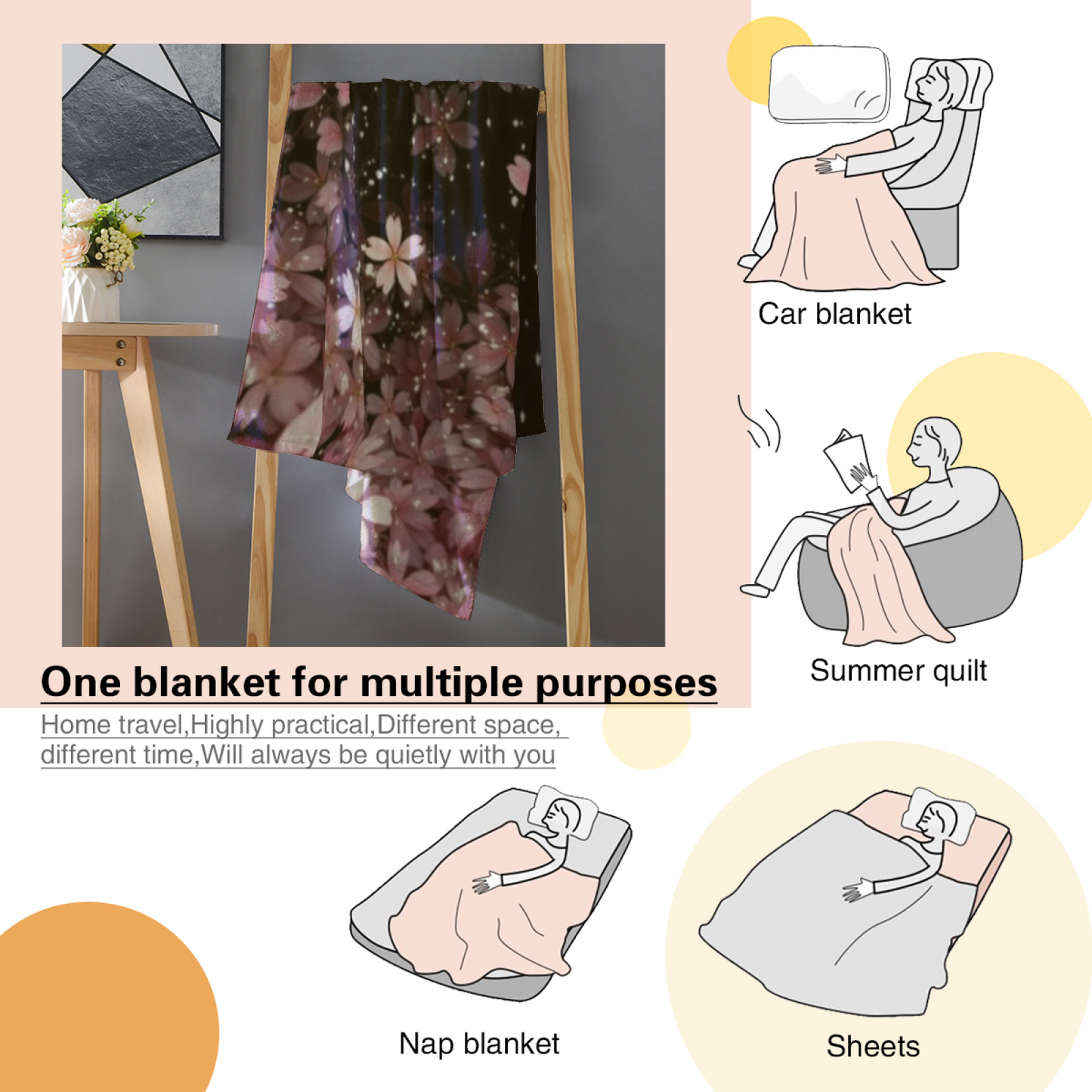 Starry Cherry Blossom Flannel Throw Blanket ¨C Pink Flowers on a Night Sky